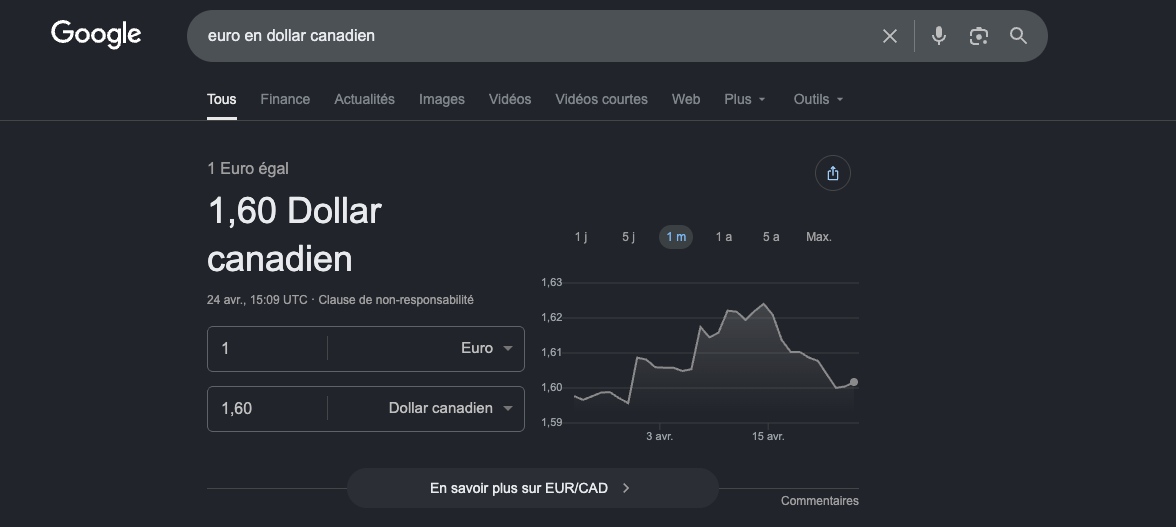 Capture d’écran du convertisseur de devises Google montrant le taux euro / dollar canadien, accompagnée d’un graphique linéaire illustrant l’évolution du taux.