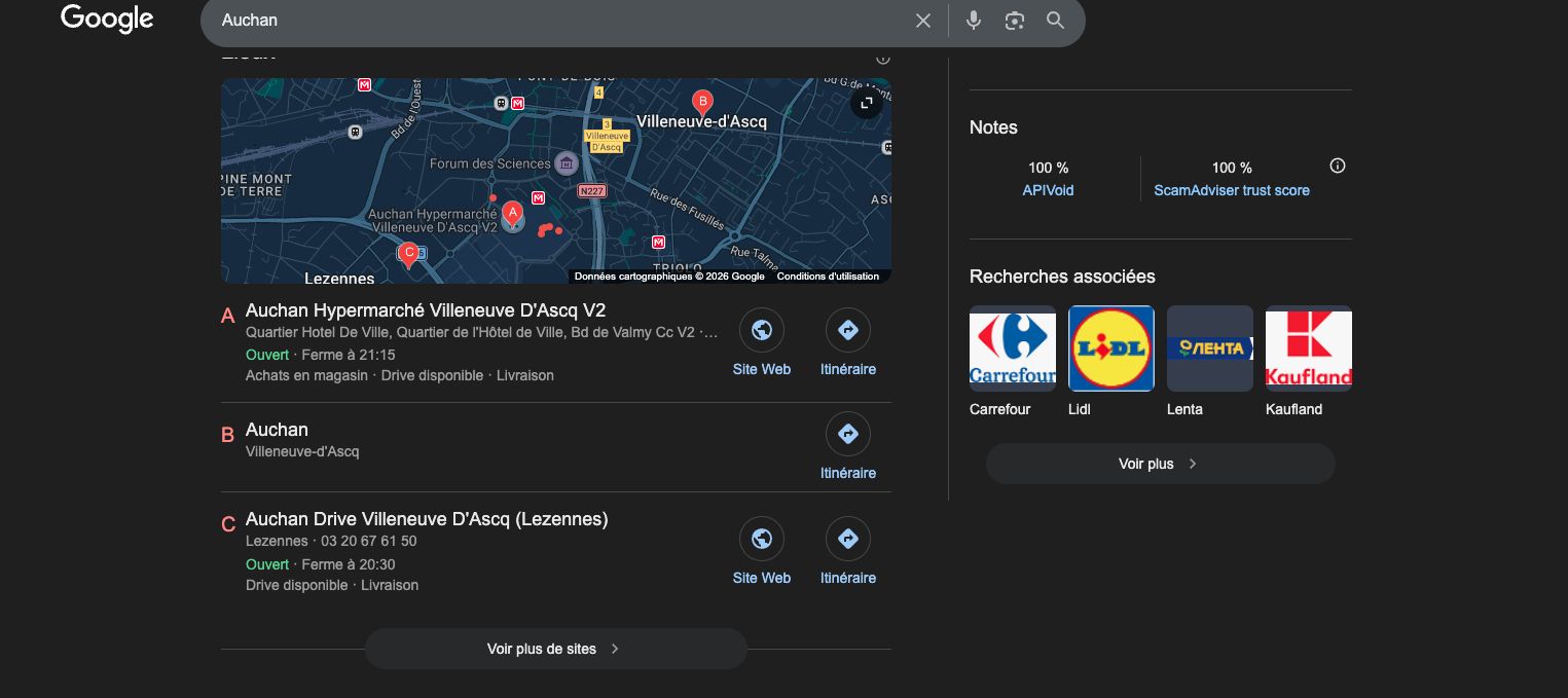 Capture d’écran d’une recherche Google pour « Auchan », affichant le site web de l’enseigne, des actualités et des informations sur l’entreprise, avec « Carrefour » mis en évidence.