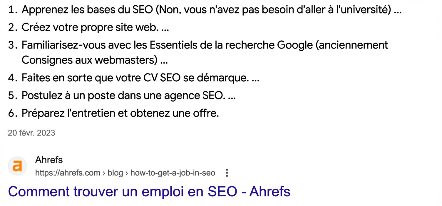 Exemple d'un featured snippet en liste à numéro avec Ahrefs