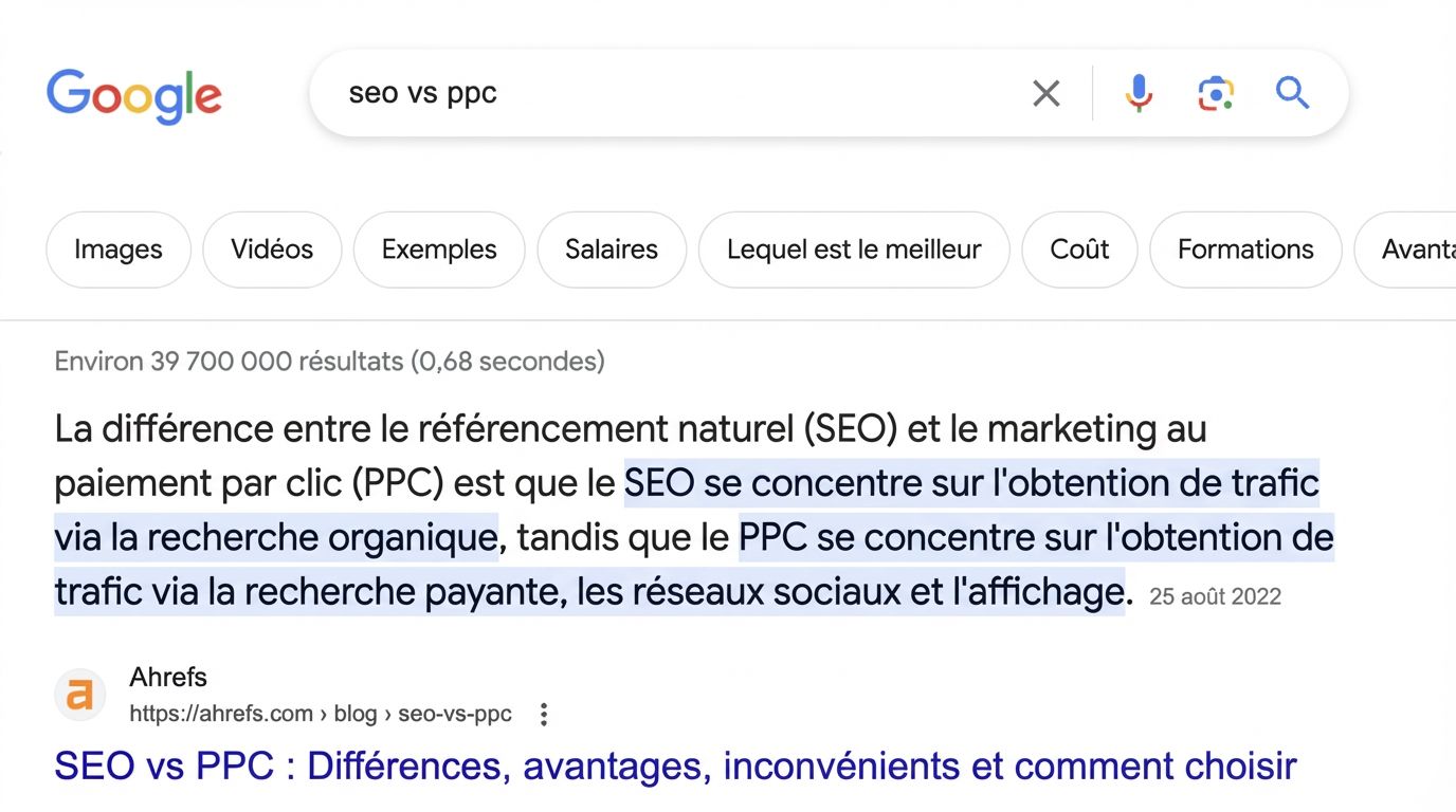 Exemple d'un featured snippet en paragraphe avec Ahrefs cité
