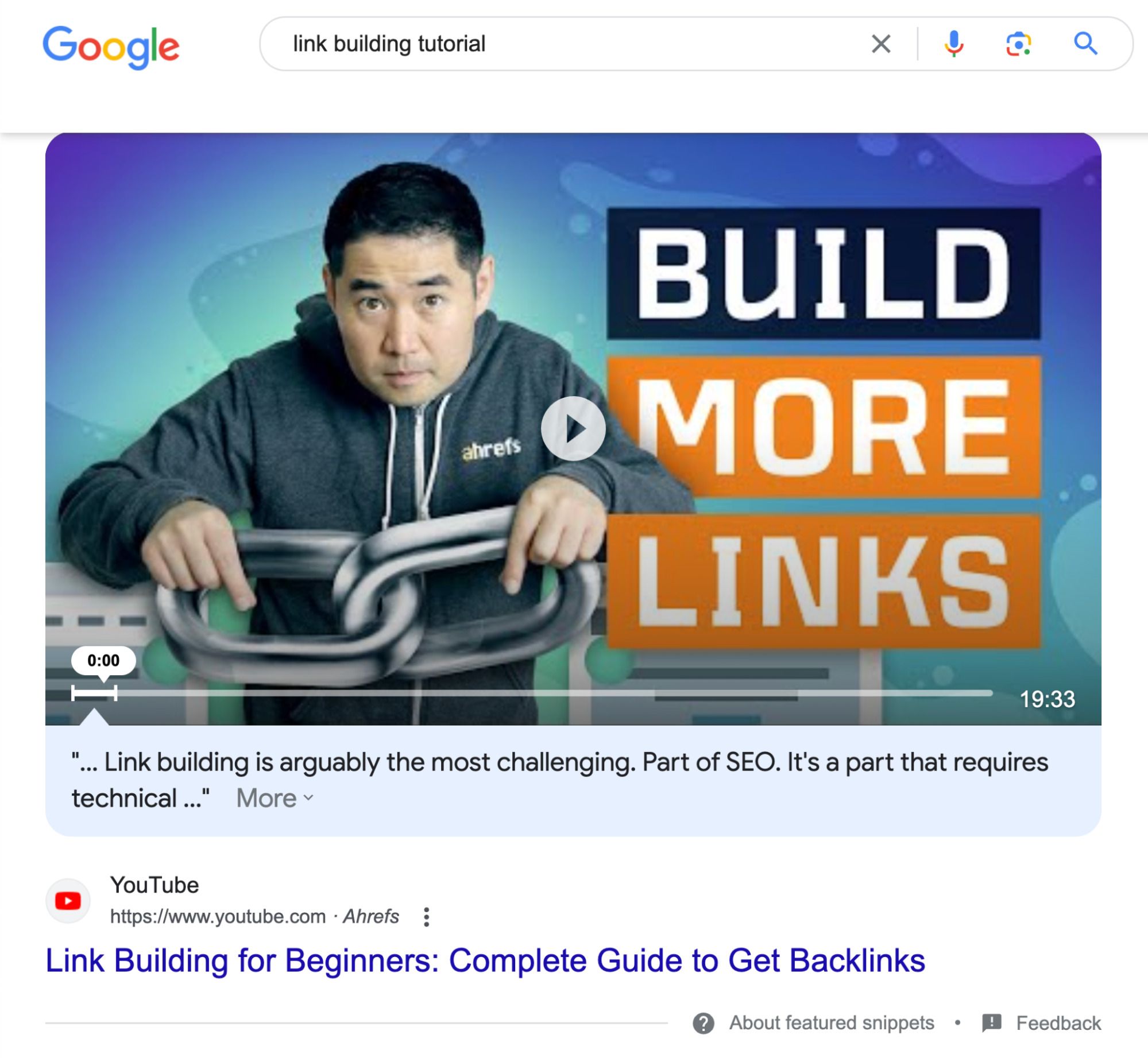 Exemple d'un featured snippet vidéo avec Youtube d'Ahrefs