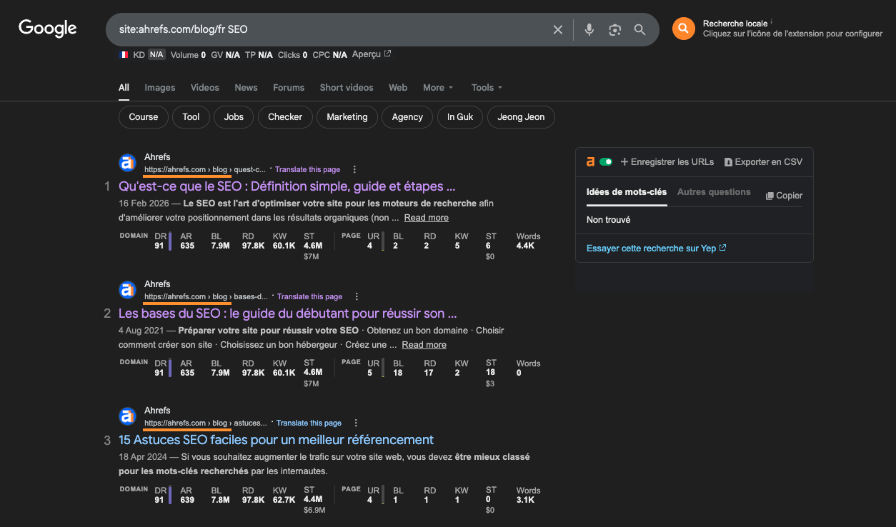 Capture d'écran de Google avec utilisation des Search Operators pour affiner sa recherche