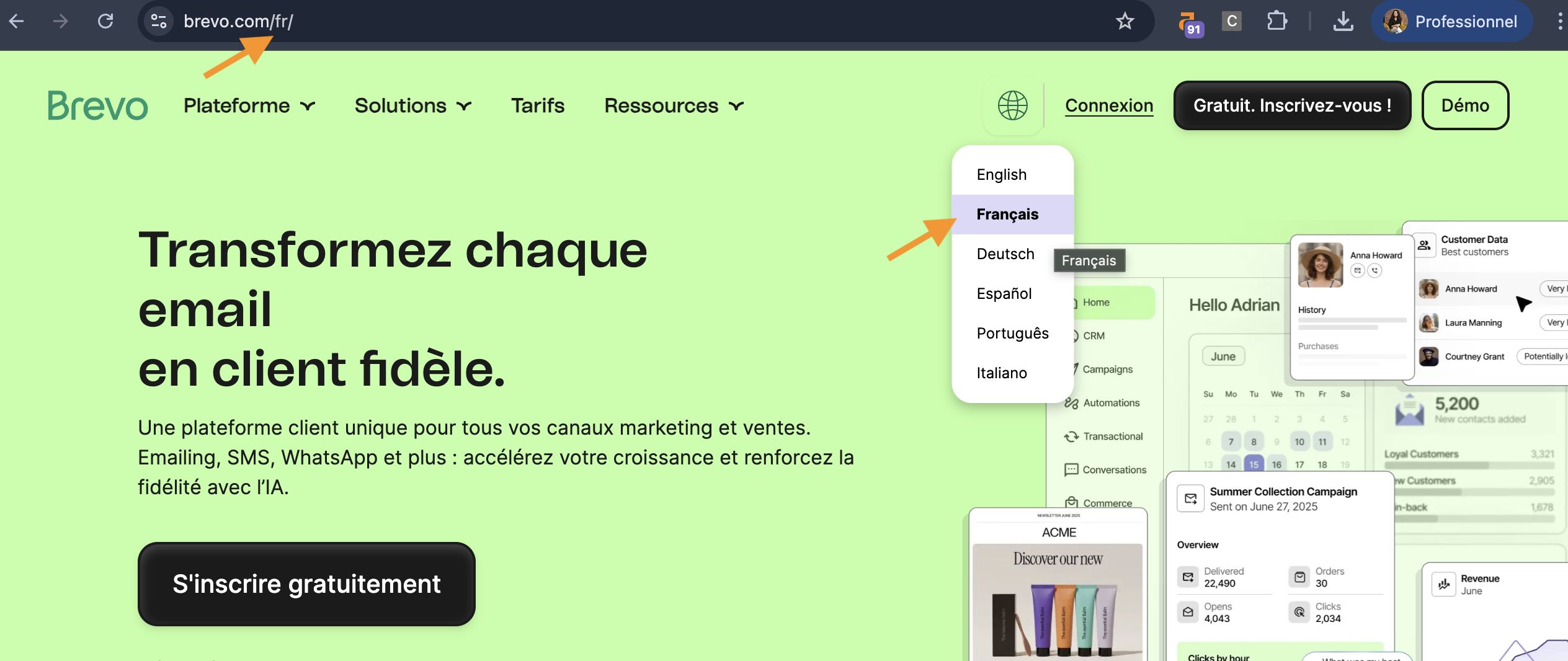 Exemple de la page et URL affichée pour un utilisateur français de Brevo