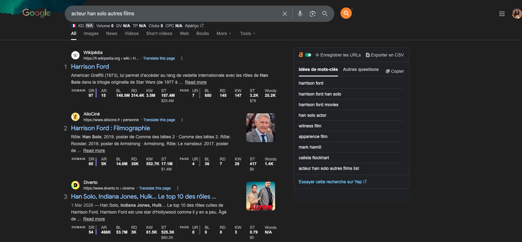 Résultats Google pour la requête « han solo acteur autres films »
