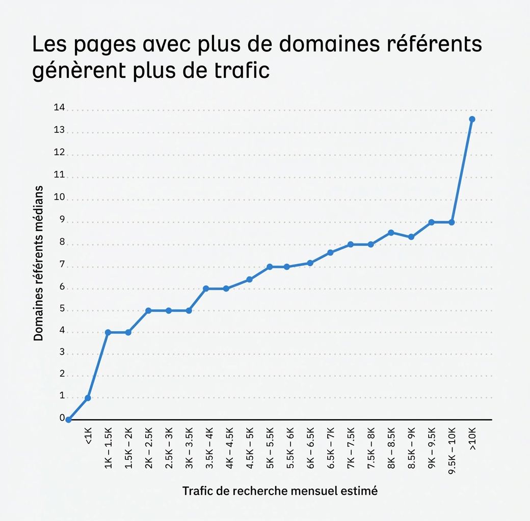 Graphique linéaire montrant une corrélation positive entre le trafic mensuel estimé et la médiane des domaines référents.
