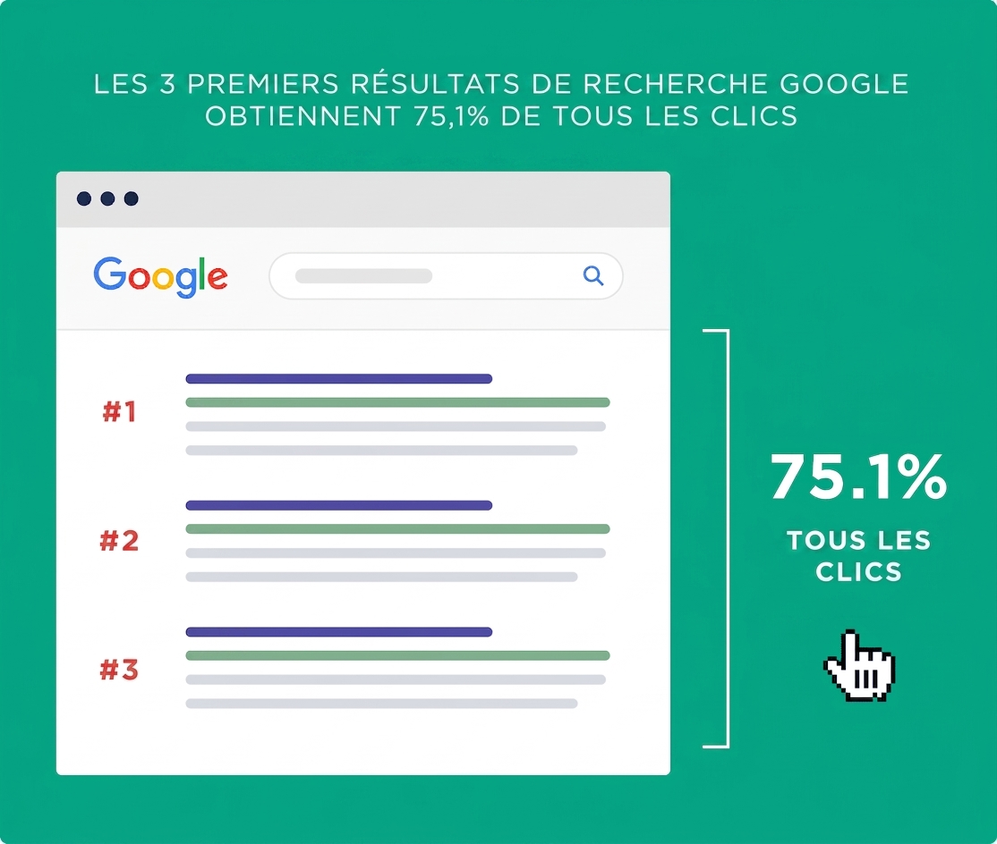 Illustration des résultats Google : les 3 premiers résultats obtiennent 75,1 % des clics, ce qui souligne l'importance du SEO.