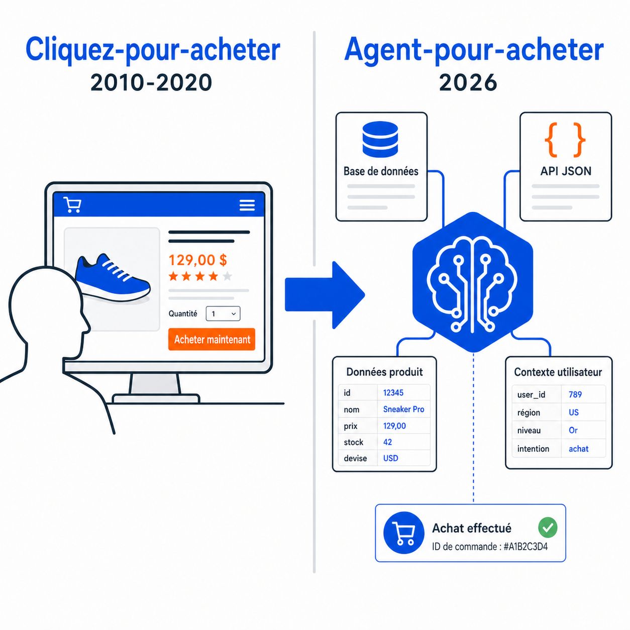 Schéma pédagogique illustrant le passage d'un modèle e-commerce click-to-buy centré sur le visiteur humain à un modèle agent-to-buy où les IA valident un catalogue produit structuré avant de déclencher un achat