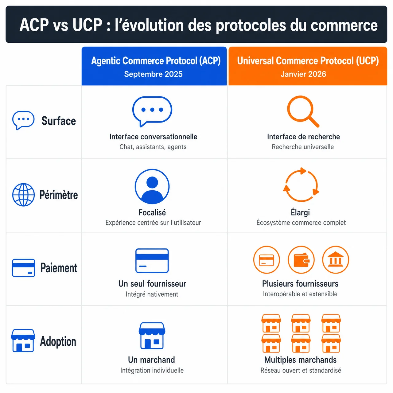 Tableau comparatif des deux protocoles standards du commerce agentique en 2026 : Agentic Commerce Protocol d'OpenAI et Stripe lancé en septembre 2025, et Universal Commerce Protocol de Google annoncé à la NRF en janvier 2026, comparés sur la surface, le périmètre, le paiement et l'adoption