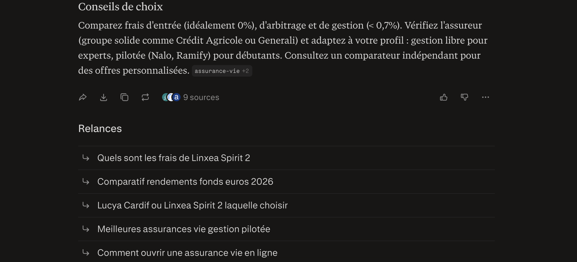 Exemples de "Relances", les questions liées que partagent Perplexity après une réponse à un prompt