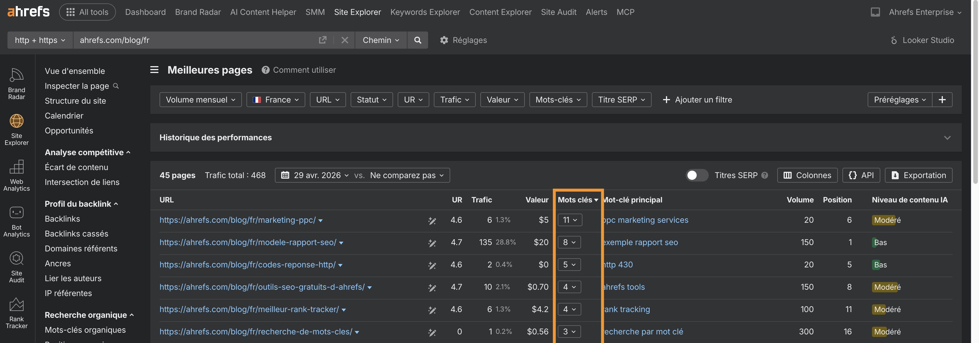 Rapport Meilleures Pages dans Site Explorer trié par nombre de mots-clés organiques