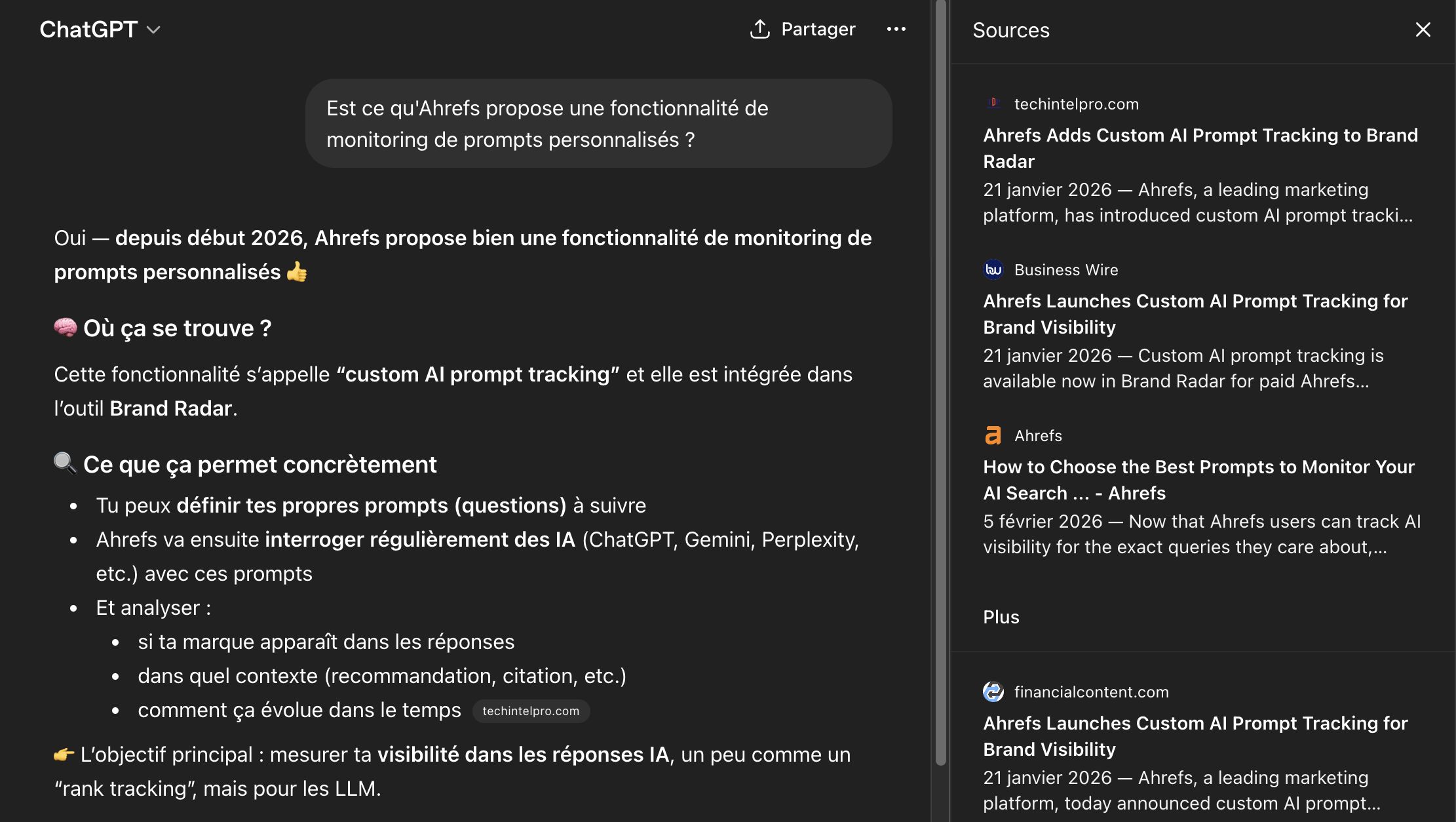 Réponses de ChatGPT sur une nouvelle fonctionnalité Ahrefs
