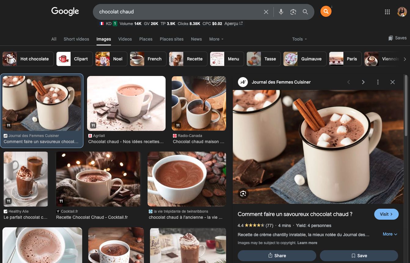 Résultat Google Images pour « chocolat chaud » avec une vignette mise en avant du Journal des Femmes présentant un assortiment de chocolats chauds.