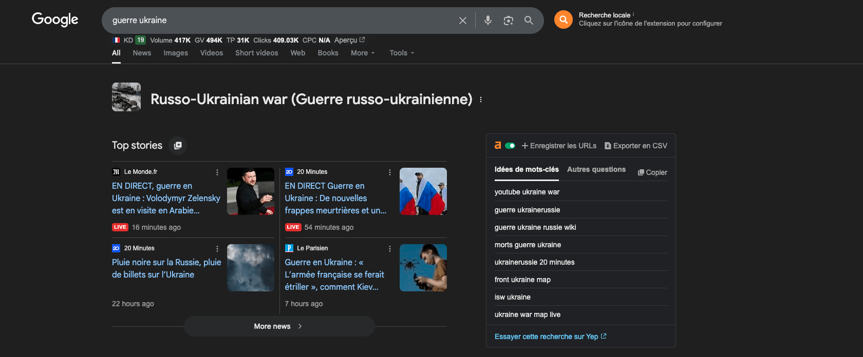 Résultats Google pour « guerre en Ukraine », avec une section « Top stories » présentant des articles de presse liés au conflit.