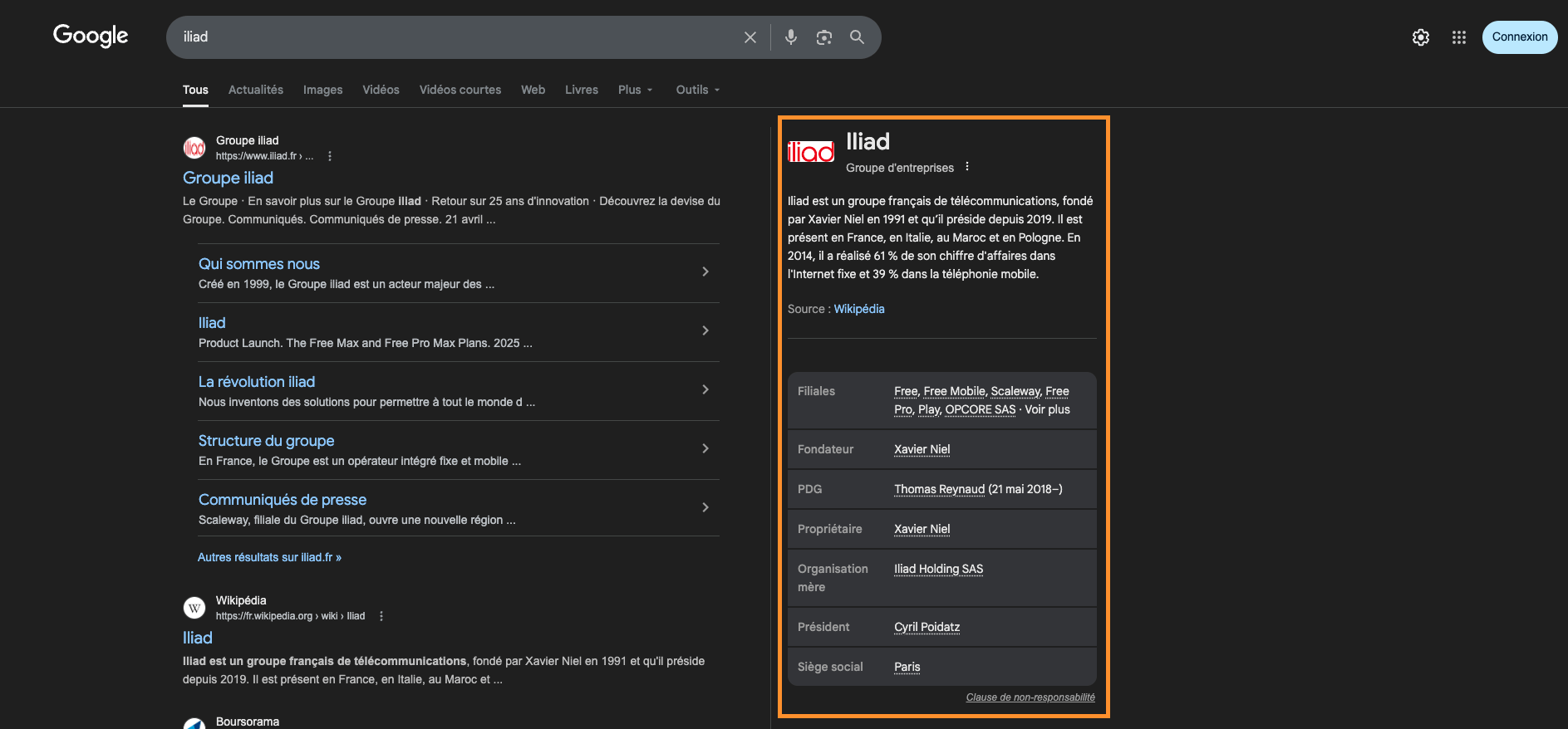 Résultats Google pour « Iliad », montrant des résultats organiques et sponsorisés, avec un Knowledge Panel sur Iliad affiché sur la droite.