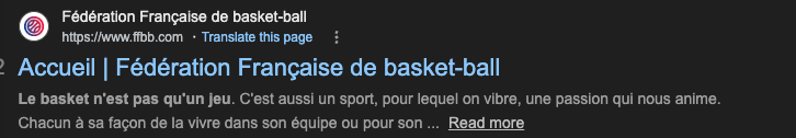 Résultats Google (serp) pour « basketball » montrant un résultat d'ahrefs.com sur les mots-clés basketball