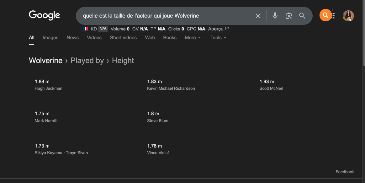 Résultats Google montrant que Hugh Jackman mesure 1,88 m, avec les tailles comparatives des autres acteurs ayant joué Wolverine.