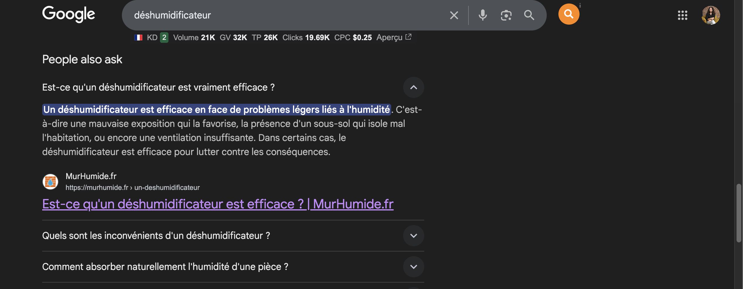 Exemple de page Mur Humide dont la formulation diffère de la question PAA