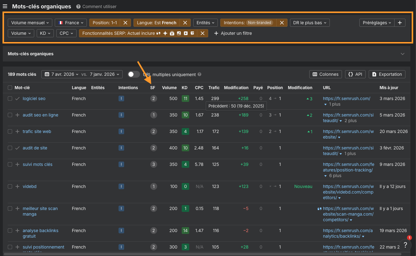 Capture d'écran de Site Explorer (onglet Mots clés organiques) avec une liste de potentielle Featured Snippet à reprendre pour votre blog