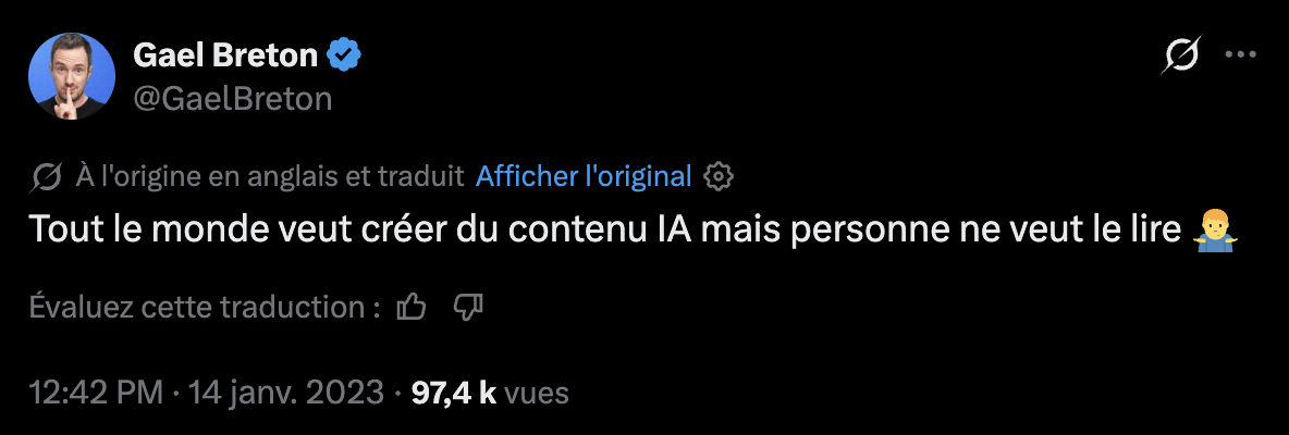 Tweet de Gaël Breton, qui n'est pas Breton, sur l'incohérence sur les contenus rédigés avec de l'IA