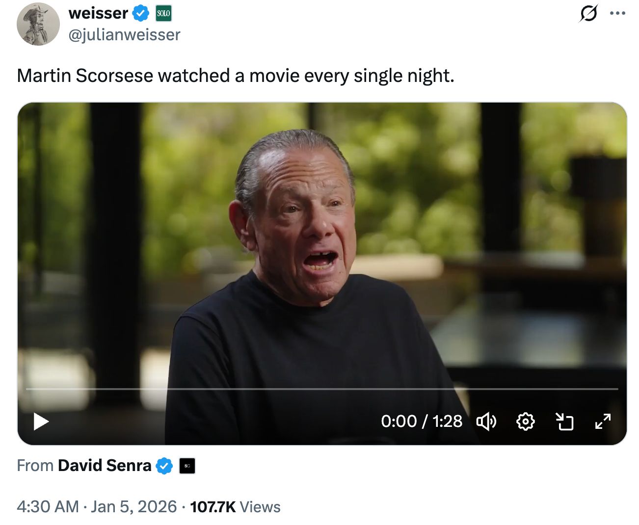 Tweet de Weisser qui indique que Martin Scorse regarde un film chaque soir
