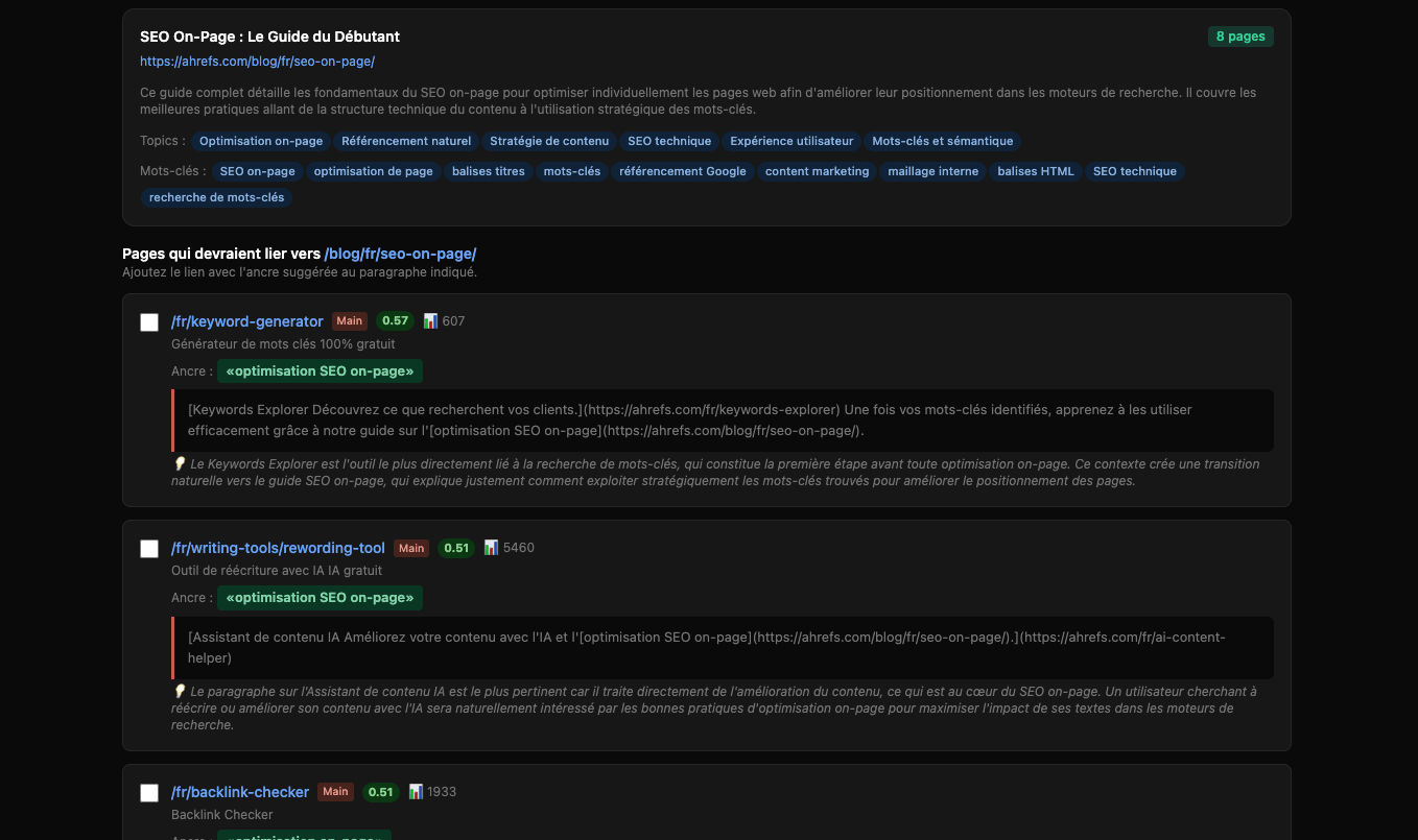 Recommandations de maillage interne avec paragraphes suggérés et ancres proposées par Agent A