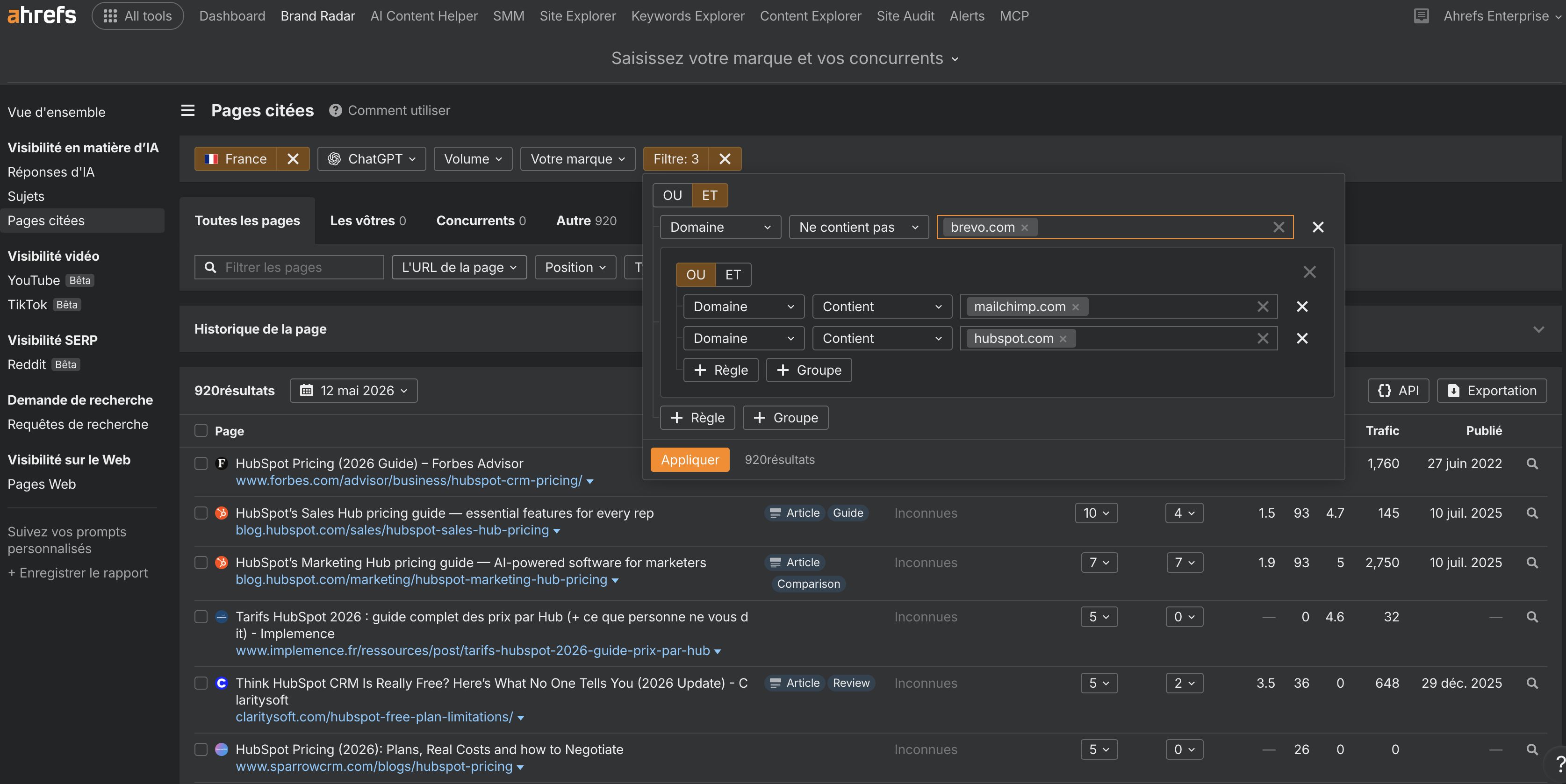 Capture d’écran de Brand Radar montrant l’utilisation des filtres avancés dans le rapport « Pages citées » pour identifier les pages concurrentes sans mention de la marque de l’utilisateur
