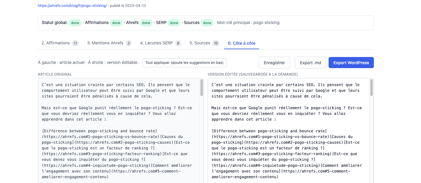 Exemple d’automatisation de la mise à jour de contenu avec un agent IA, incluant les étapes du workflow et l’aperçu comparatif entre l’ancienne et la nouvelle version du contenu