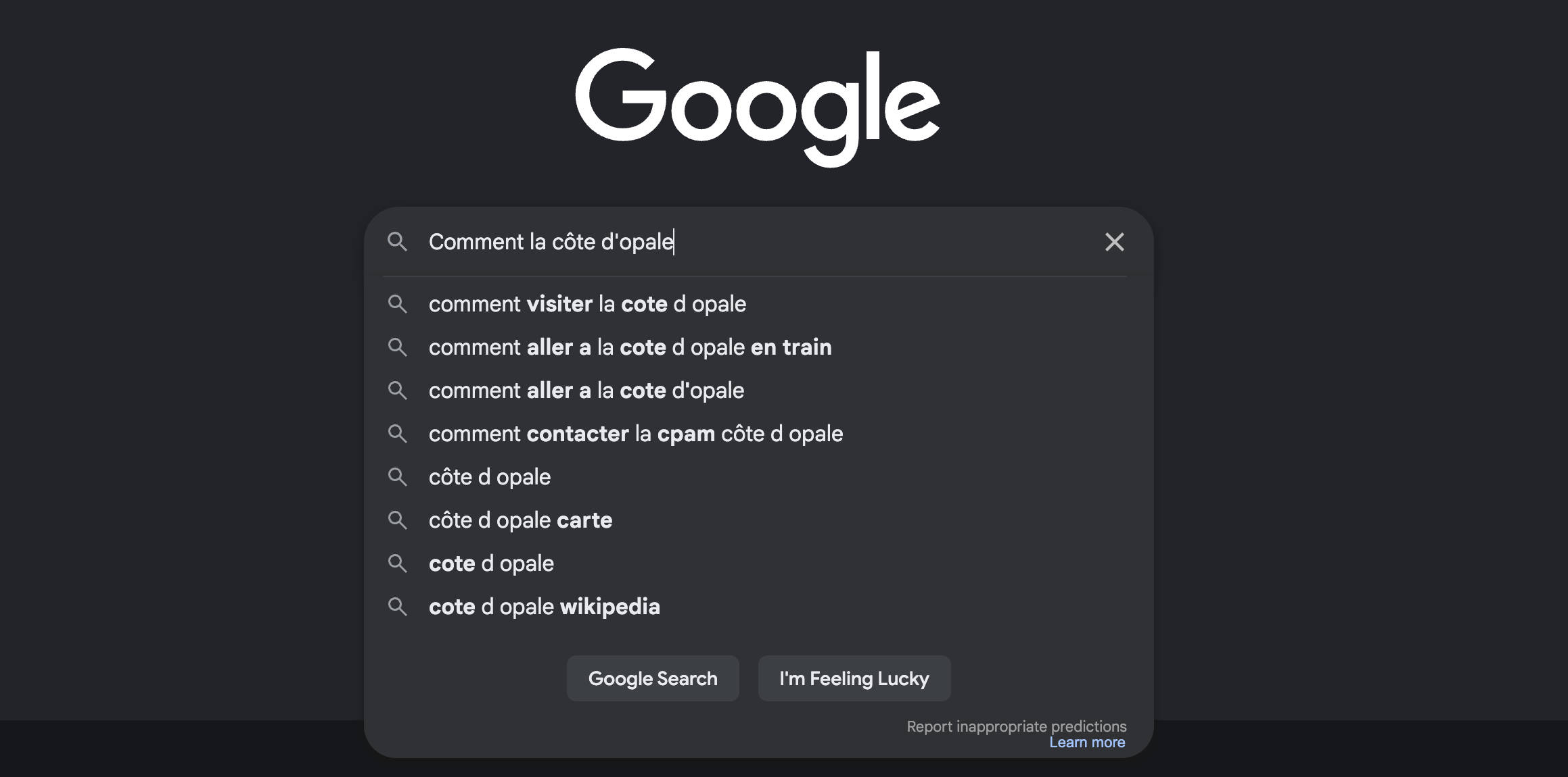 Suggestions d’autocomplétion Google utilisées pour trouver des idées de mots-clés et de requêtes SEO pertinentes exemple avec Côte d'Opale