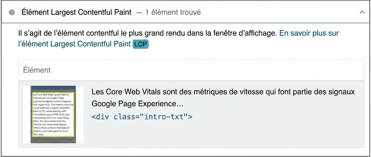 Capture d'écran de PageSpeed Insights identifiant l'élément Largest Contentful Paint de la page dans la section Diagnostics