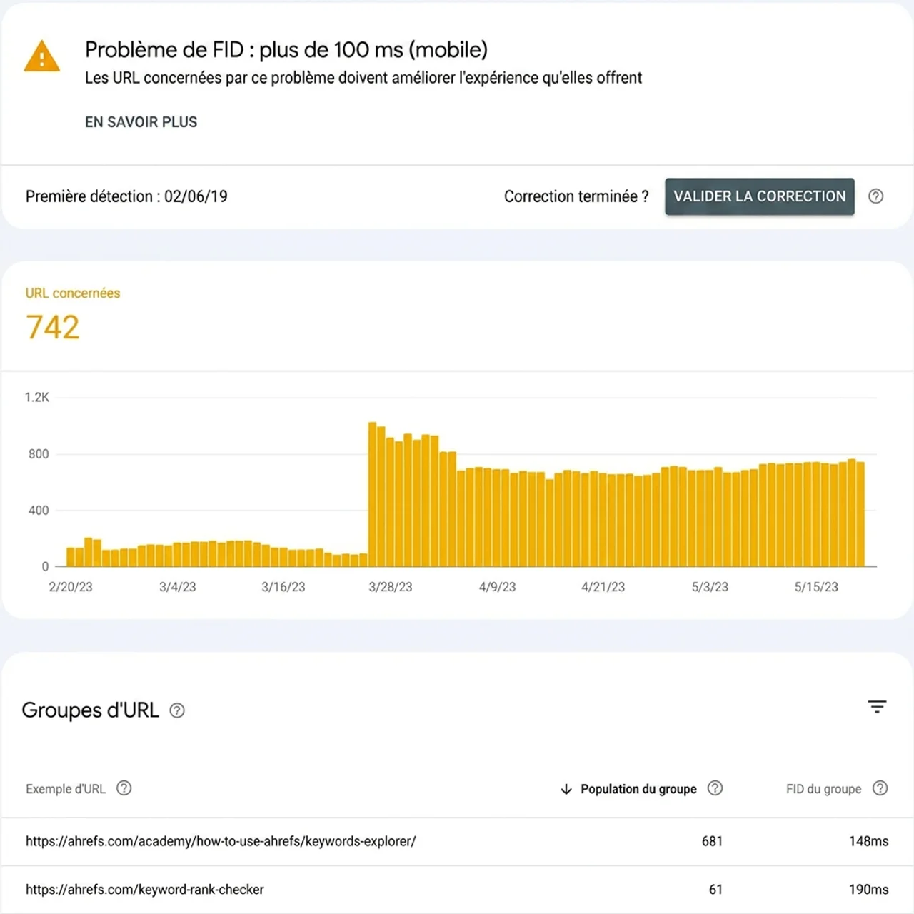 Capture d'écran de Google Search Console affichant la répartition par groupes de pages affectées partageant des valeurs FID similaires