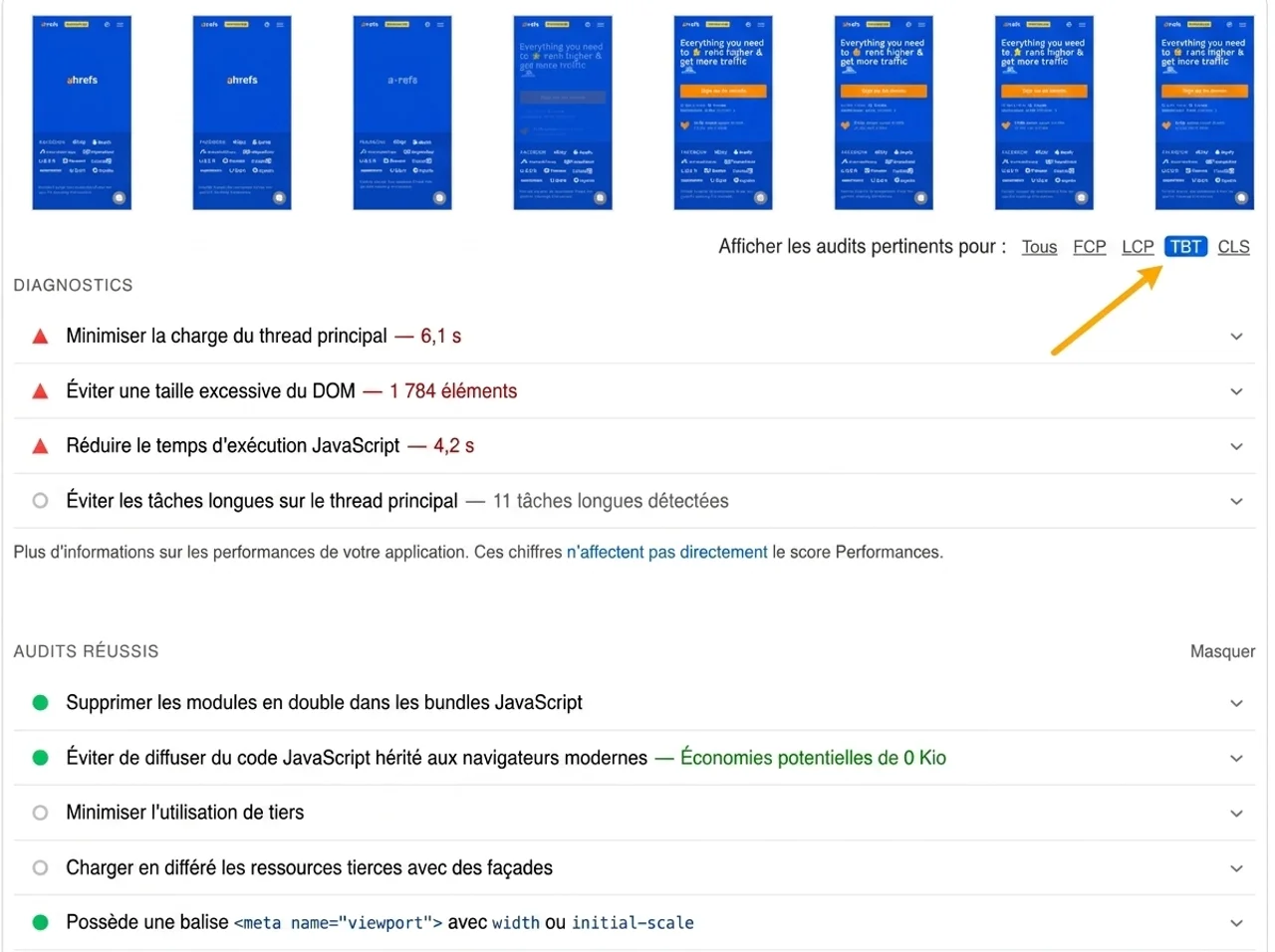 Capture d'écran de PageSpeed Insights affichant l'onglet TBT et les problèmes de blocage du thread principal à résoudre pour améliorer le FID