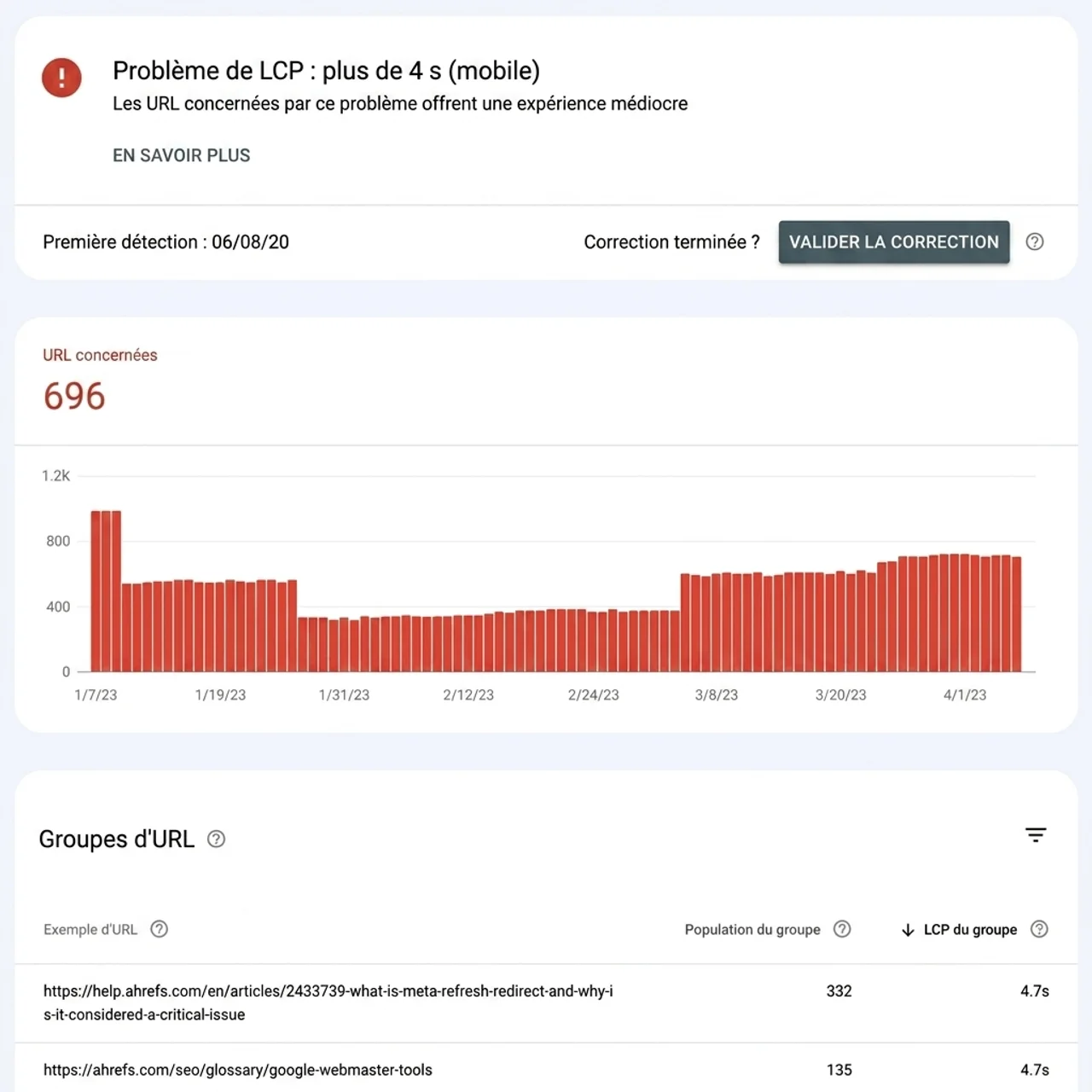 Capture d'écran de Google Search Console affichant la répartition par groupes de pages affectées partageant des valeurs LCP similaires