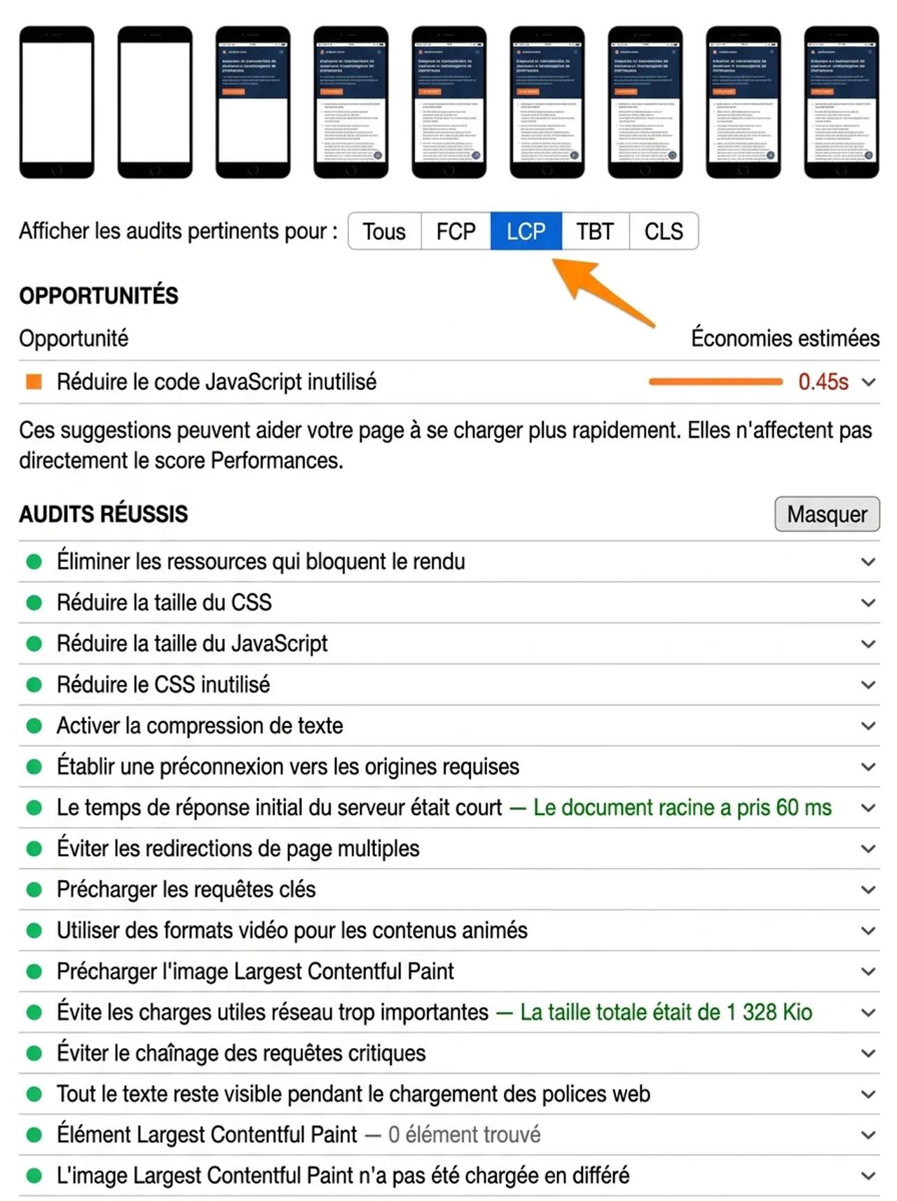 Capture d'écran de PageSpeed Insights présentant la section Diagnostics et l'onglet permettant de filtrer les problèmes liés au LCP