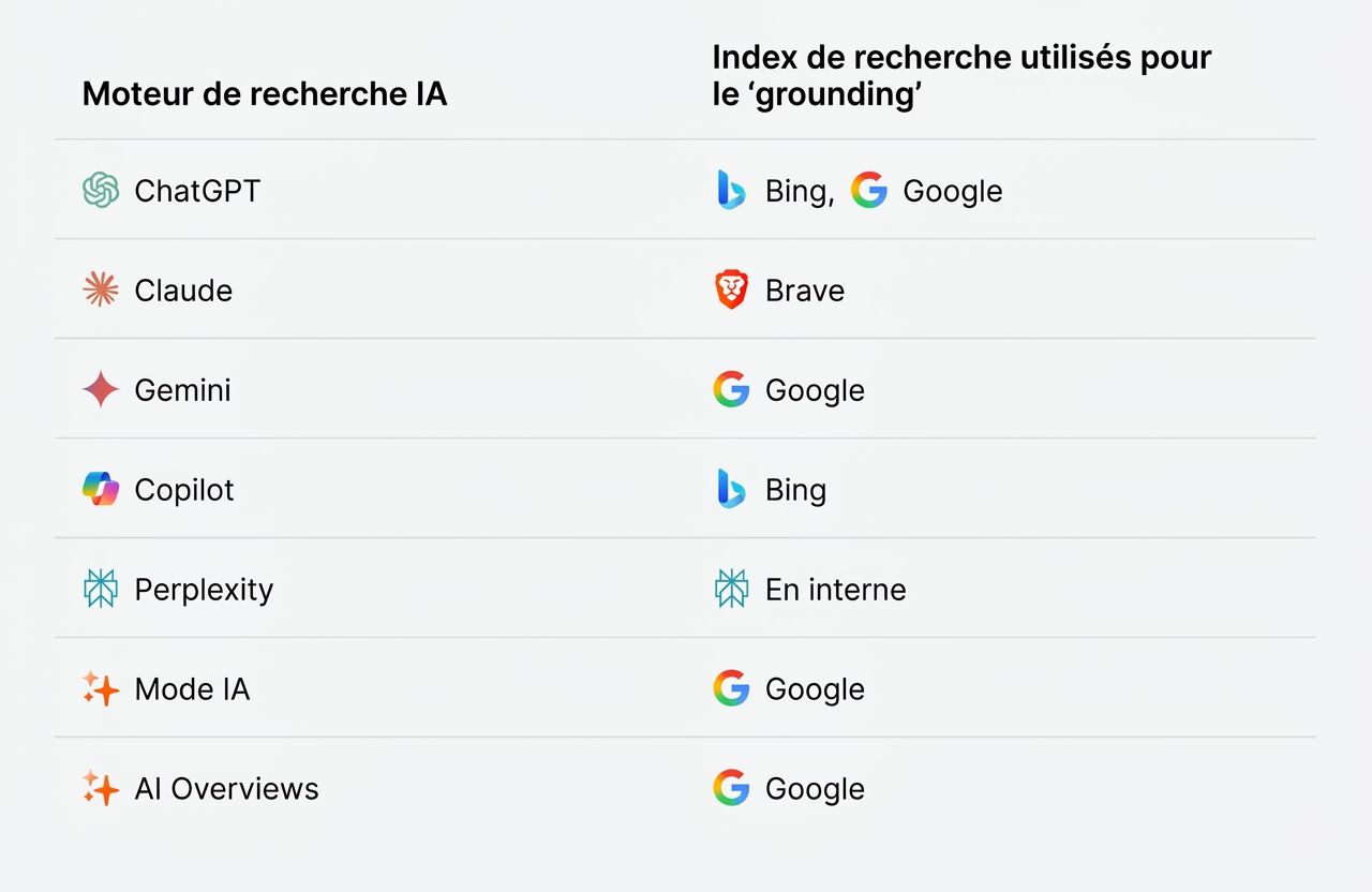Tableau comparant les moteurs de recherche IA et leurs principales sources d’information, entre données d’entraînement, recherche web en temps réel et citations externes