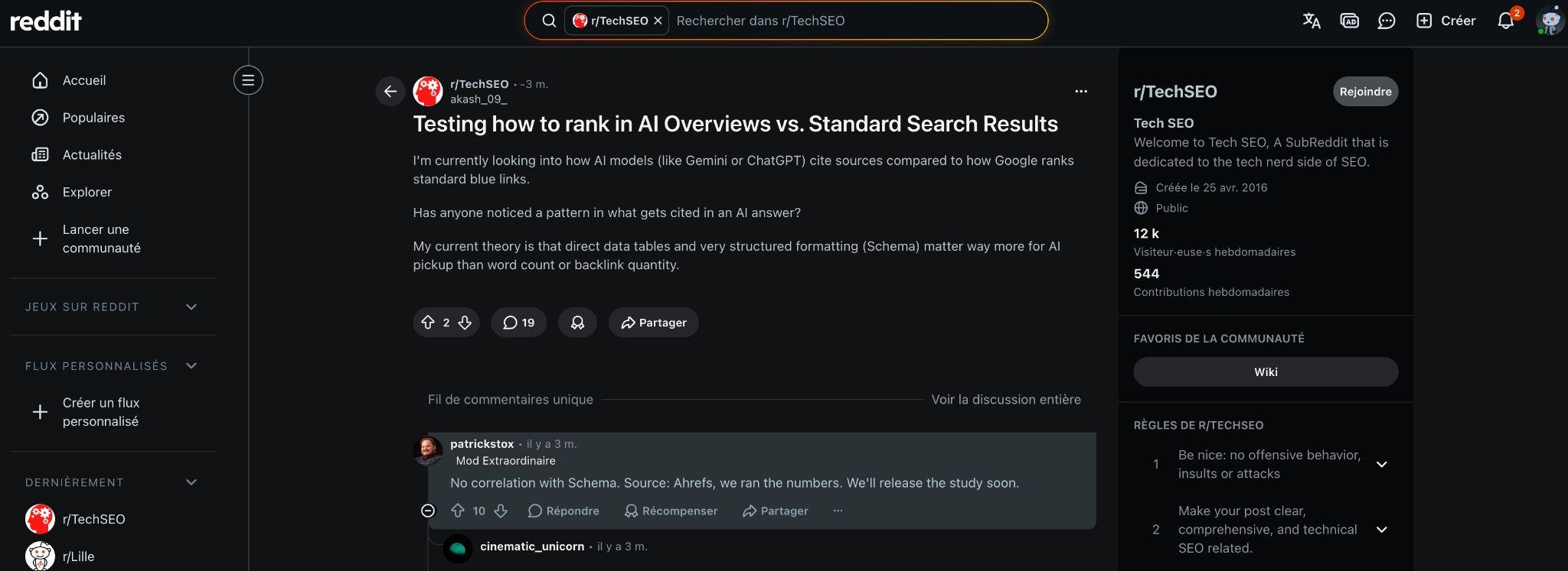 Intervention de Patrick sur Reddit concernant le ranking AI Overviews VS la SERP standard
