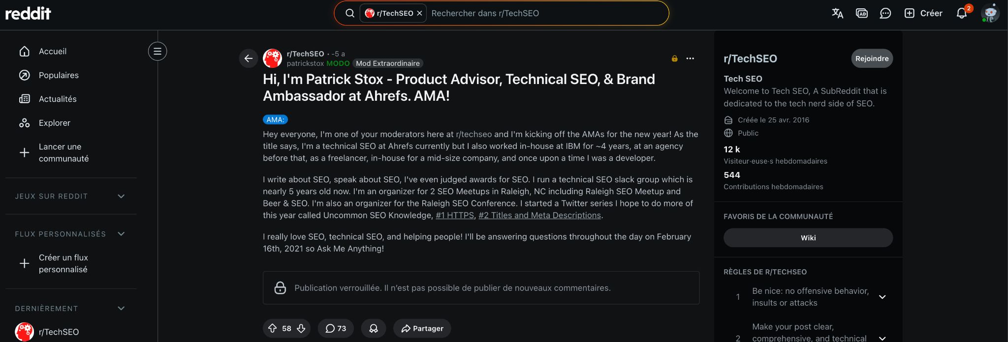Patrick de Ahrefs se présente sur le r/TechSEO