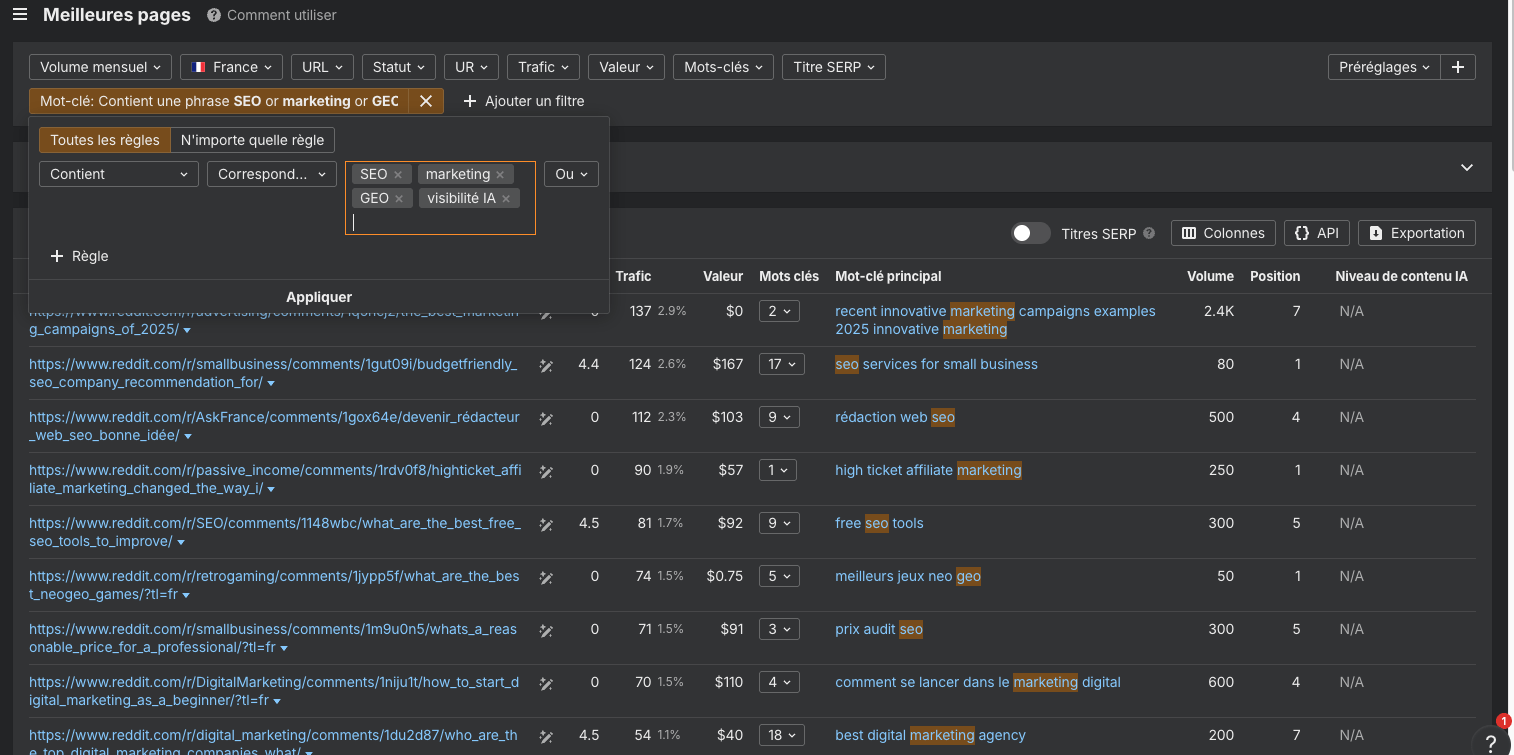 Capture d'écran de Site Explorer avec reddit.com qui montre les meilleures pages filtrées