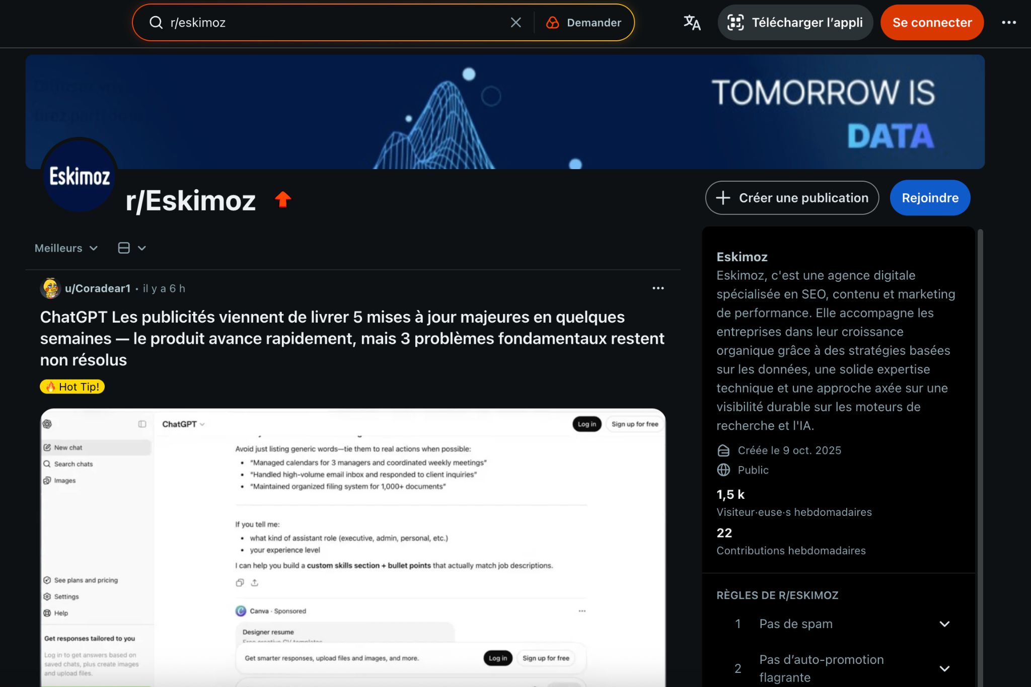 La page d'accueil de r/Eskimoz