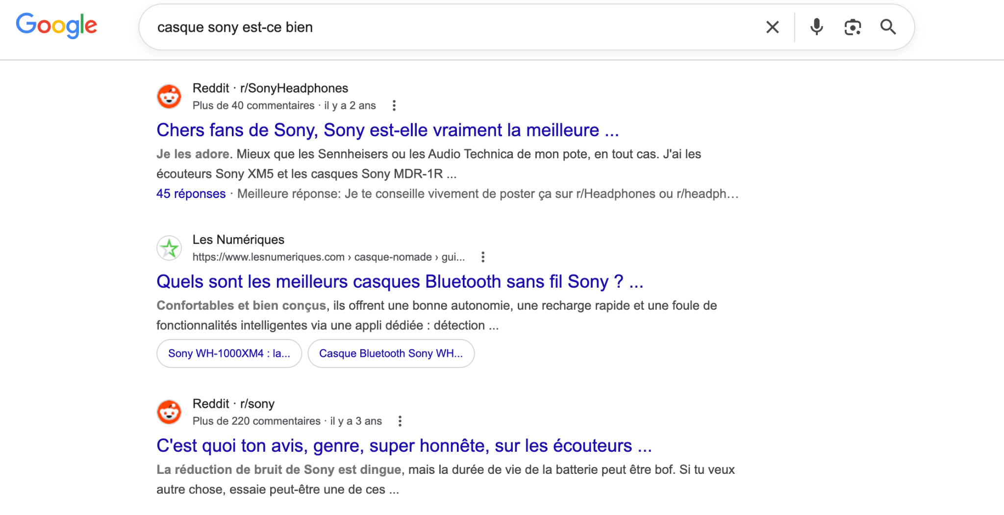 Capture d'écran de la SERP Google sur "casque sony est-ce bien"