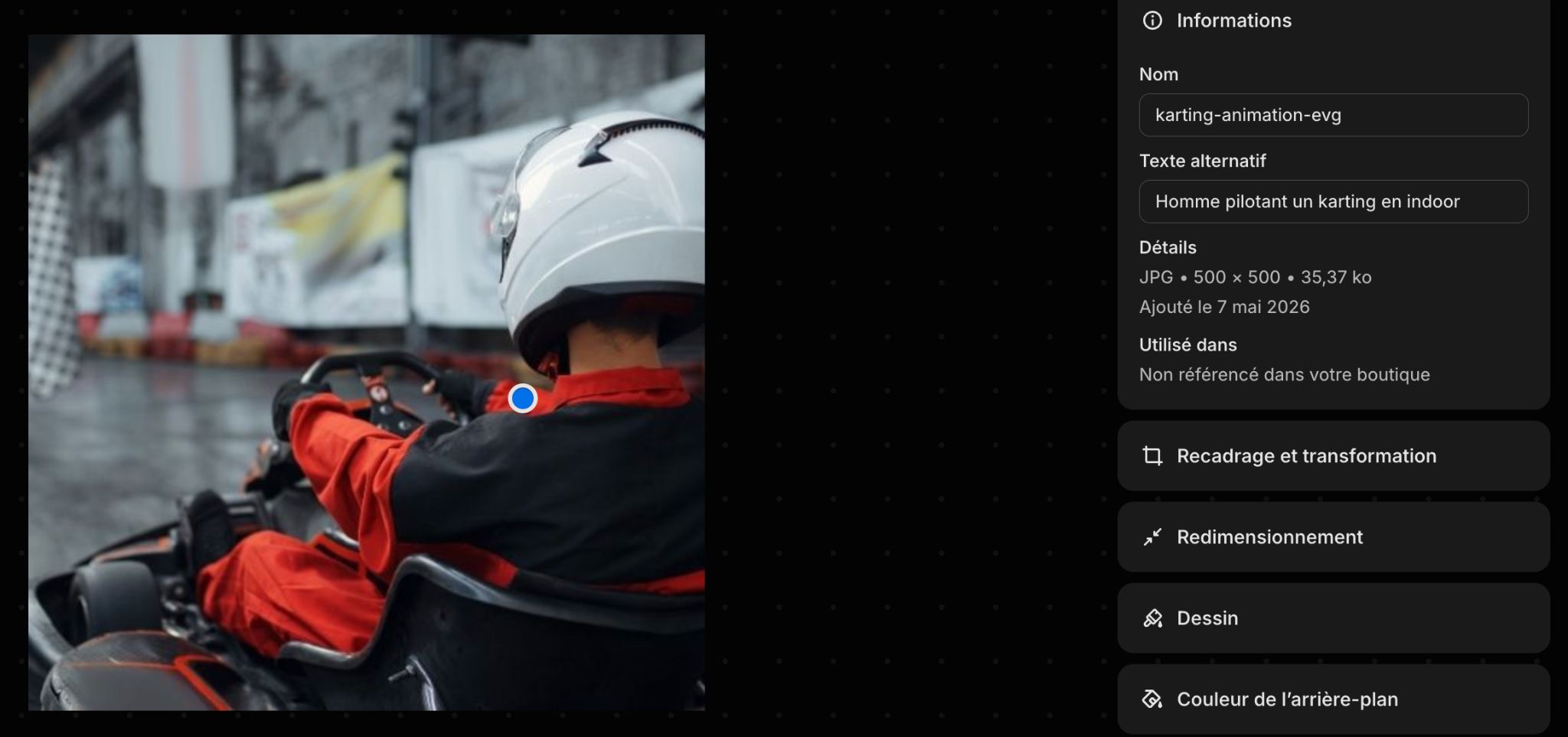 L'interface de modification d'une image sur Shopify