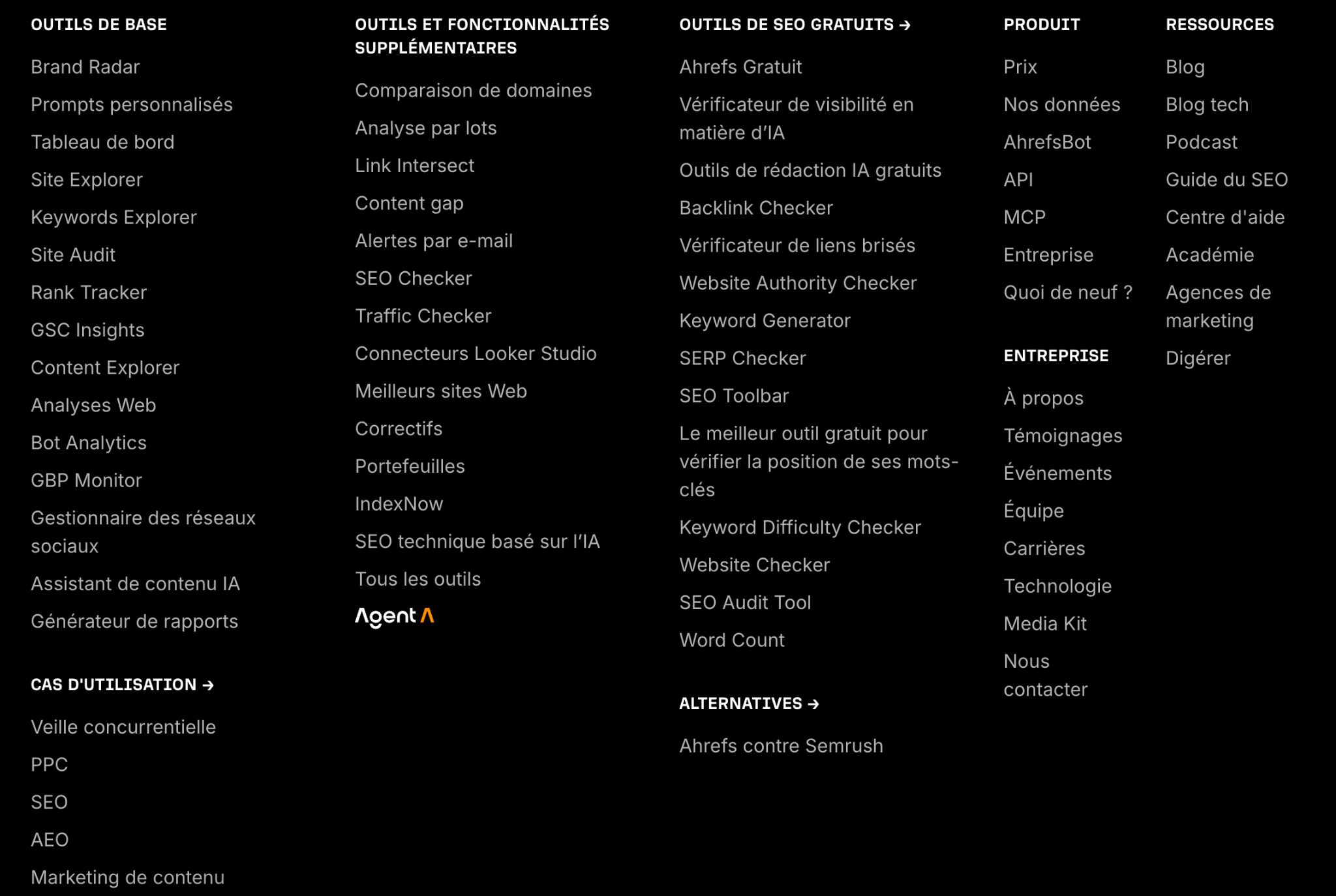 Footer des pages du site Ahrefs FR