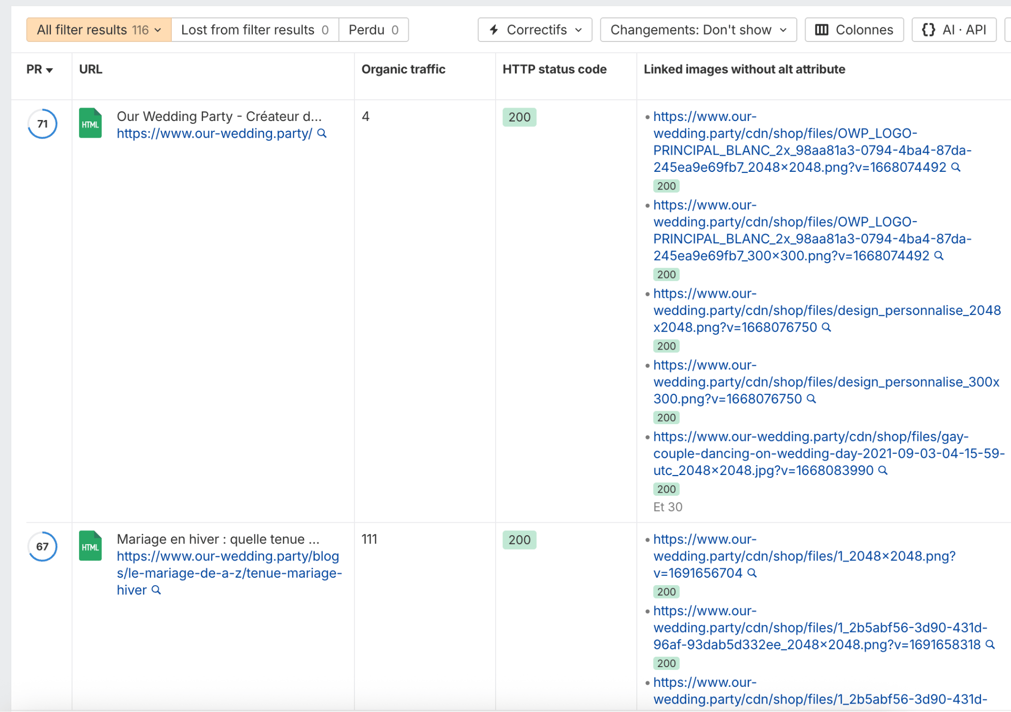 Les images qui n'ont pas d'attributs alt sur mon site web selon Site Audit