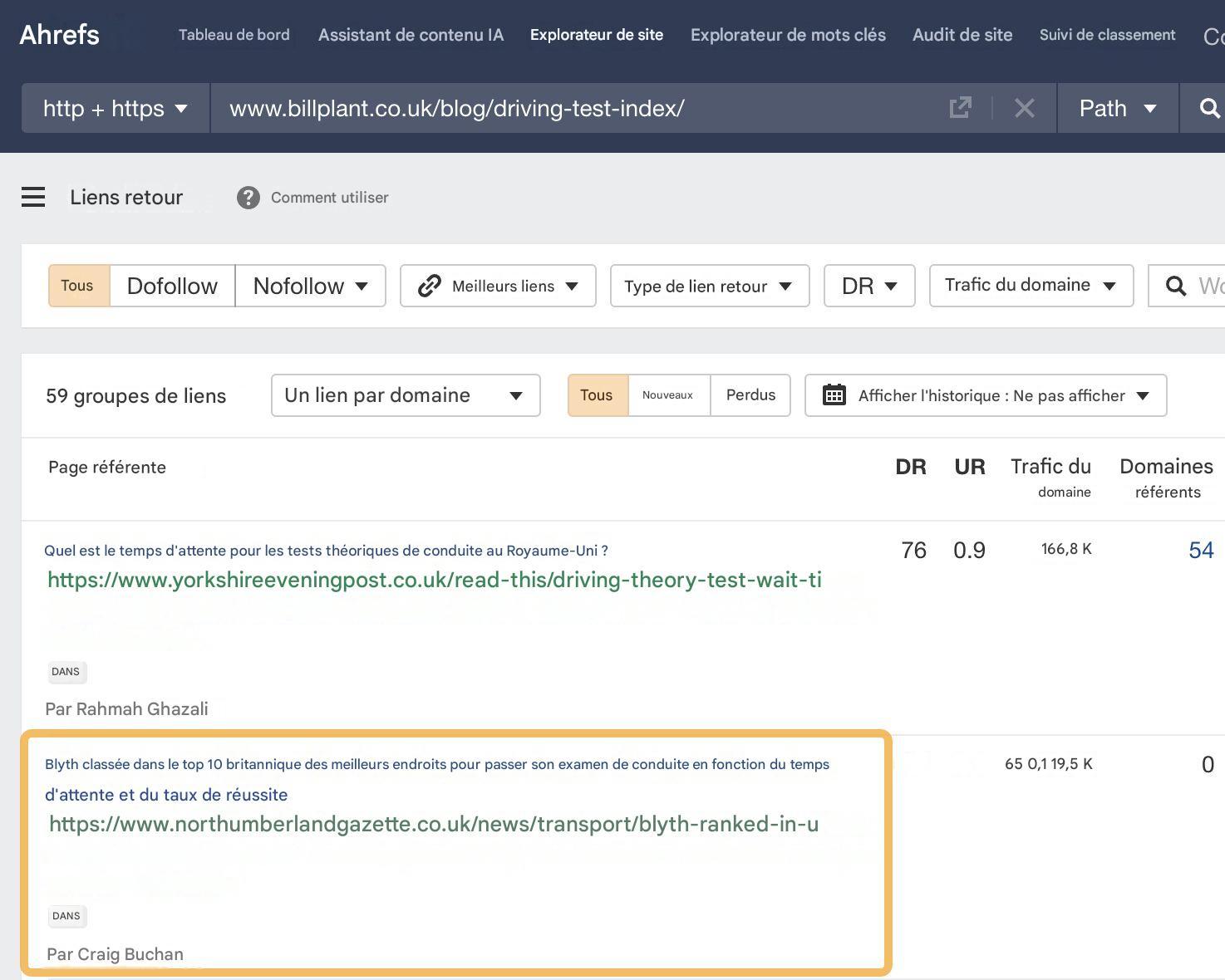 backlinks obtenus par cette campagne dans Ahrefs
