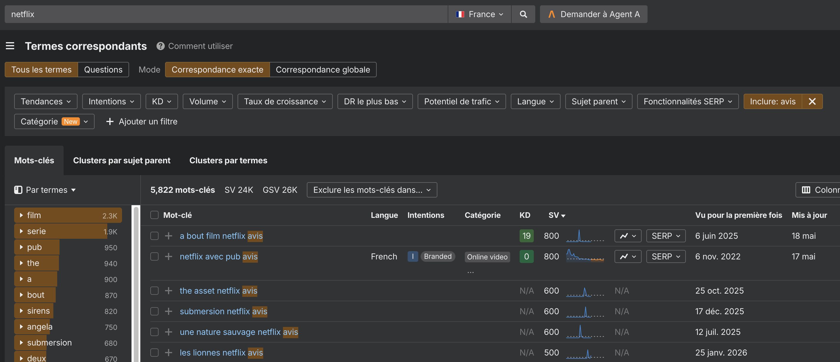 Capture d’écran de Keywords Explorer affichant une liste de mots-clés liés aux critiques cinématographiques et avis sur les séries et films Netflix, avec les volumes de recherche, la difficulté SEO et les opportunités de contenu associées.