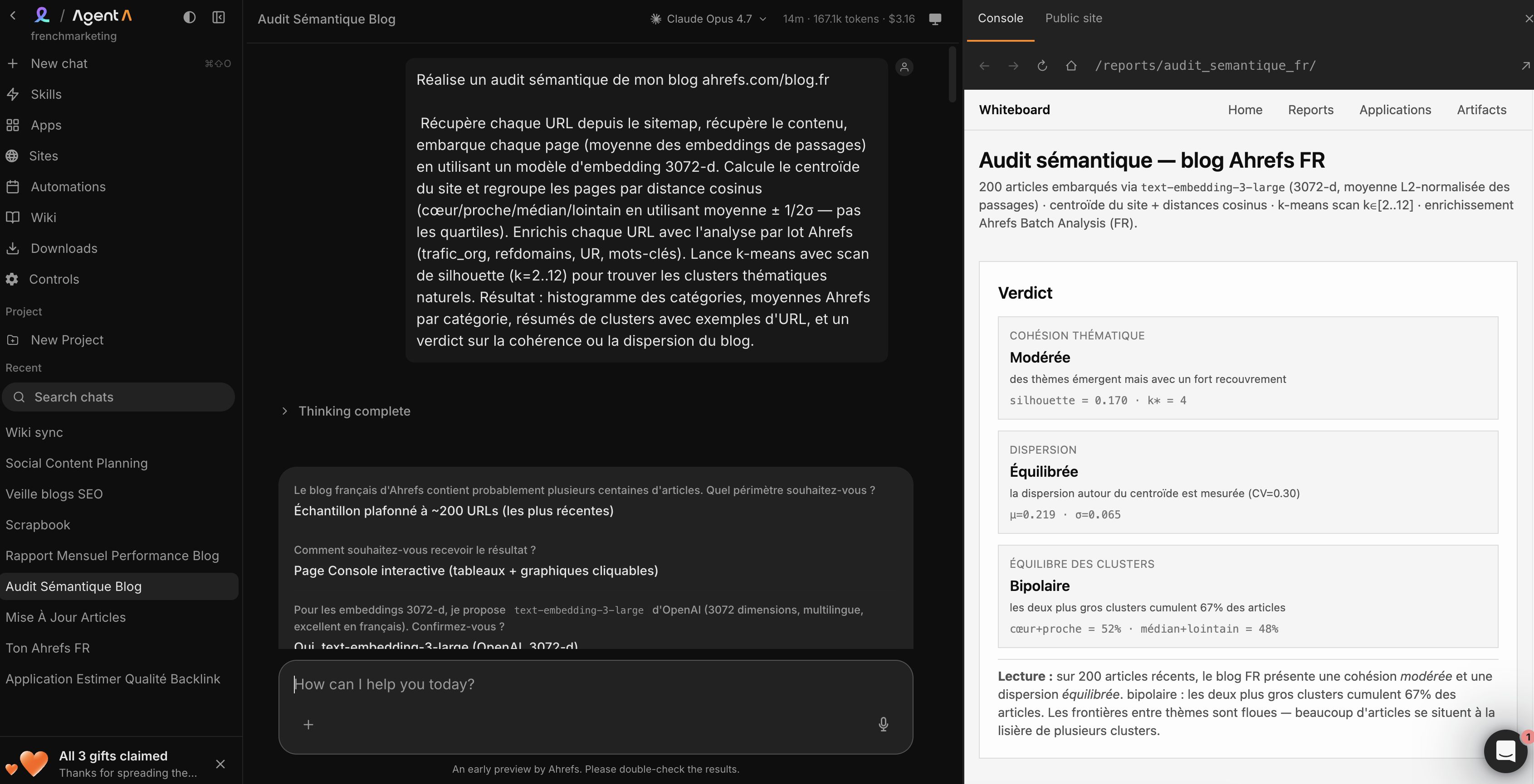 Capture de l'interface d'Agent A montrant un prompt utilisateur « Find content gaps for my site vs competitors. » L'IA a terminé 11 secondes de réflexion et demande « What's your domain? », première des cinq questions d'intégration.