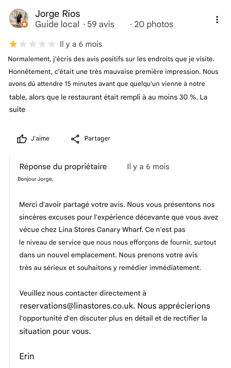 Exemple réponse avis négatif Google