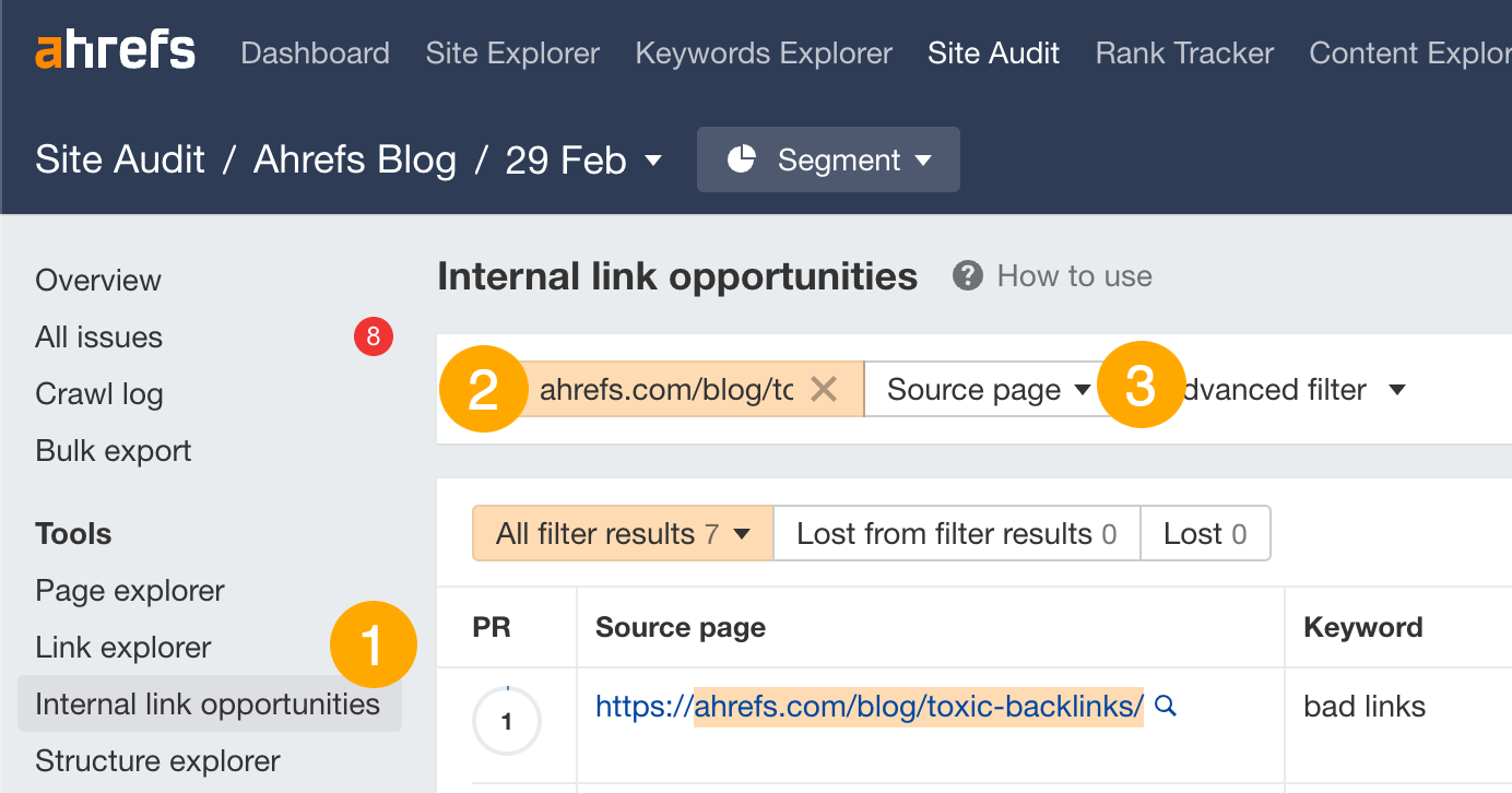 Outil Site Audit d'Ahrefs pour trouver des opportunités de maillage interne