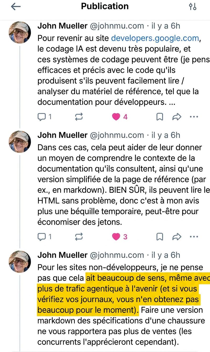 Capture d'écran d'un fil Twitter de John Mueller. Le texte surligné indique : « même avec un trafic plus agentique à l'avenir (et si vous vérifiez vos logs, vous n'en recevez pas beaucoup en ce moment). »