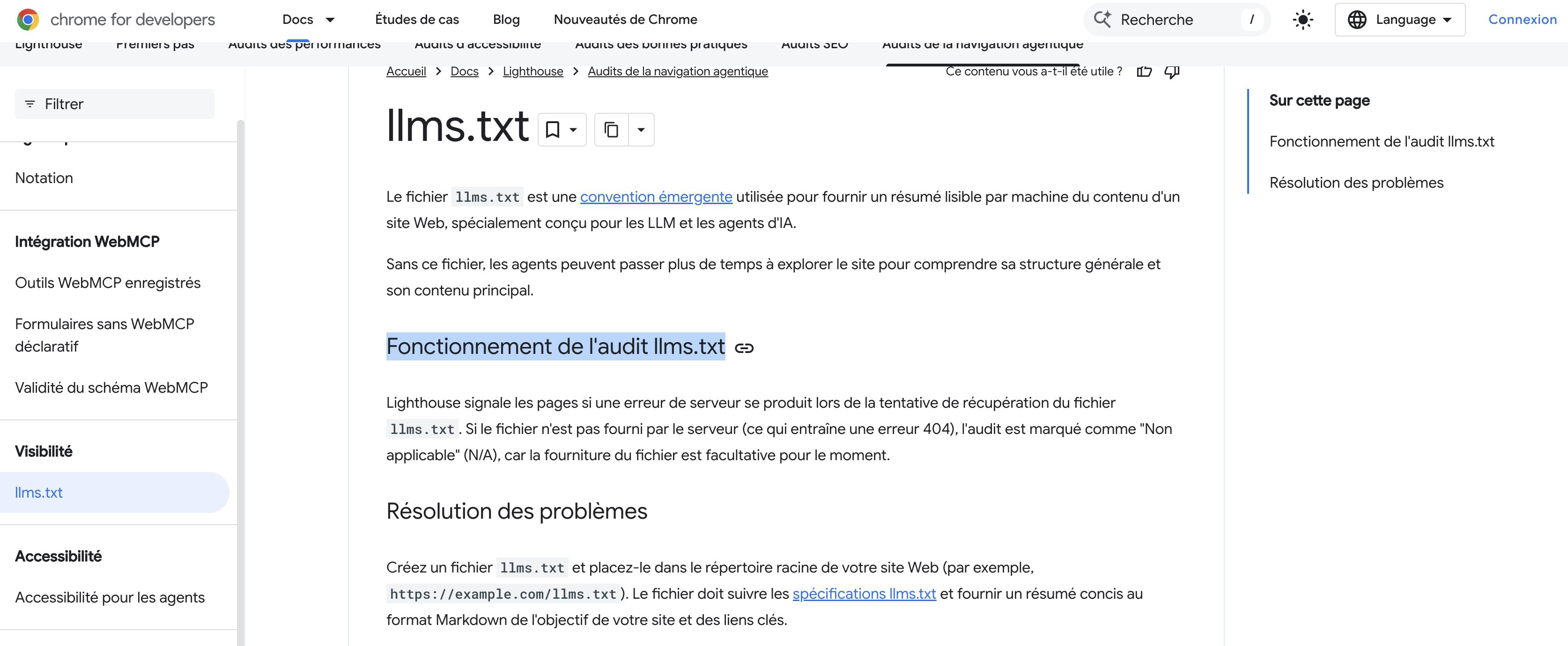 Une page web intitulée « llms.txt » sur Chrome for Developers, dans la section « Lighthouse > Audits de navigation agentique ».