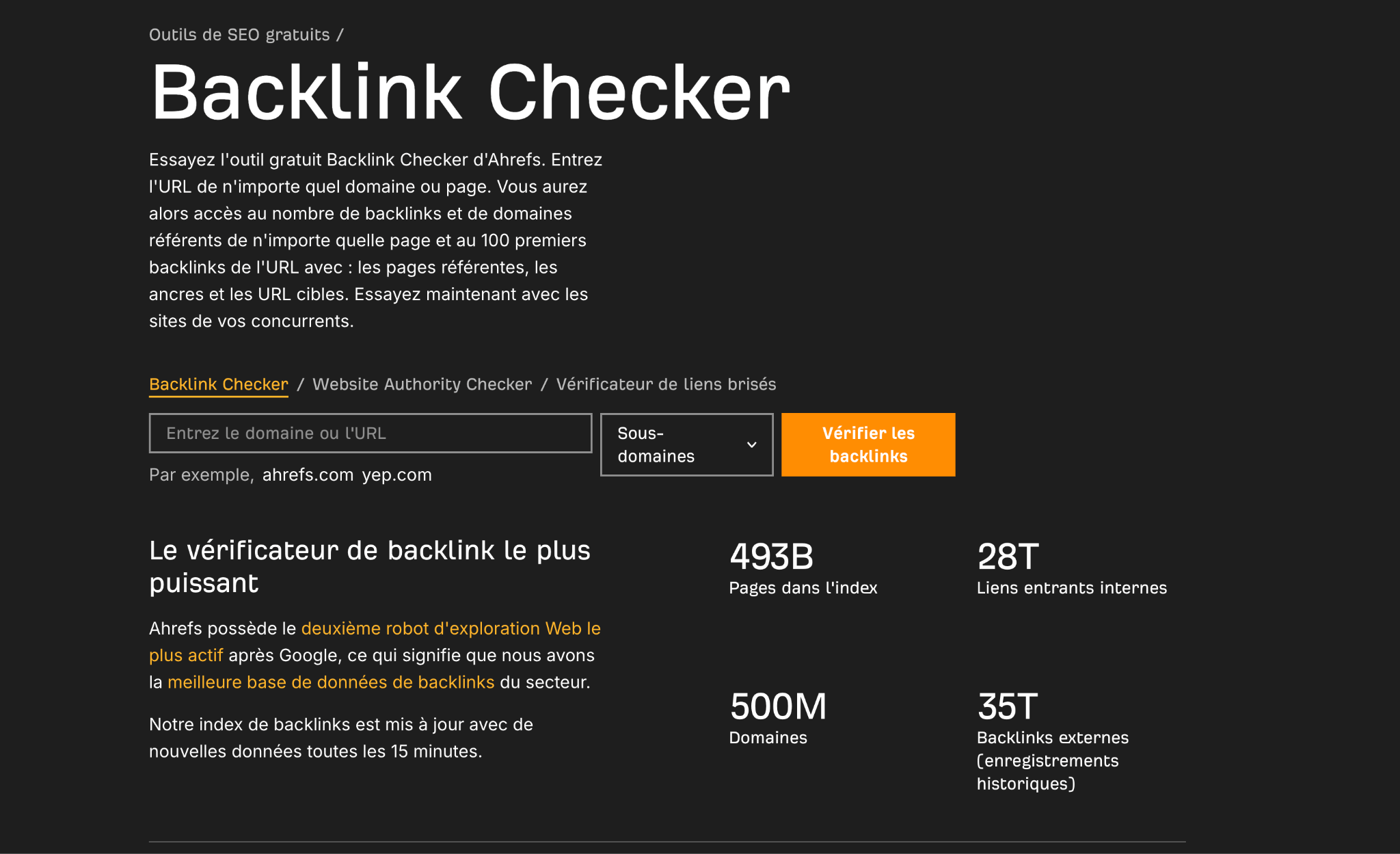 La version de la page Backlink Checker d'Ahrefs en 2026 